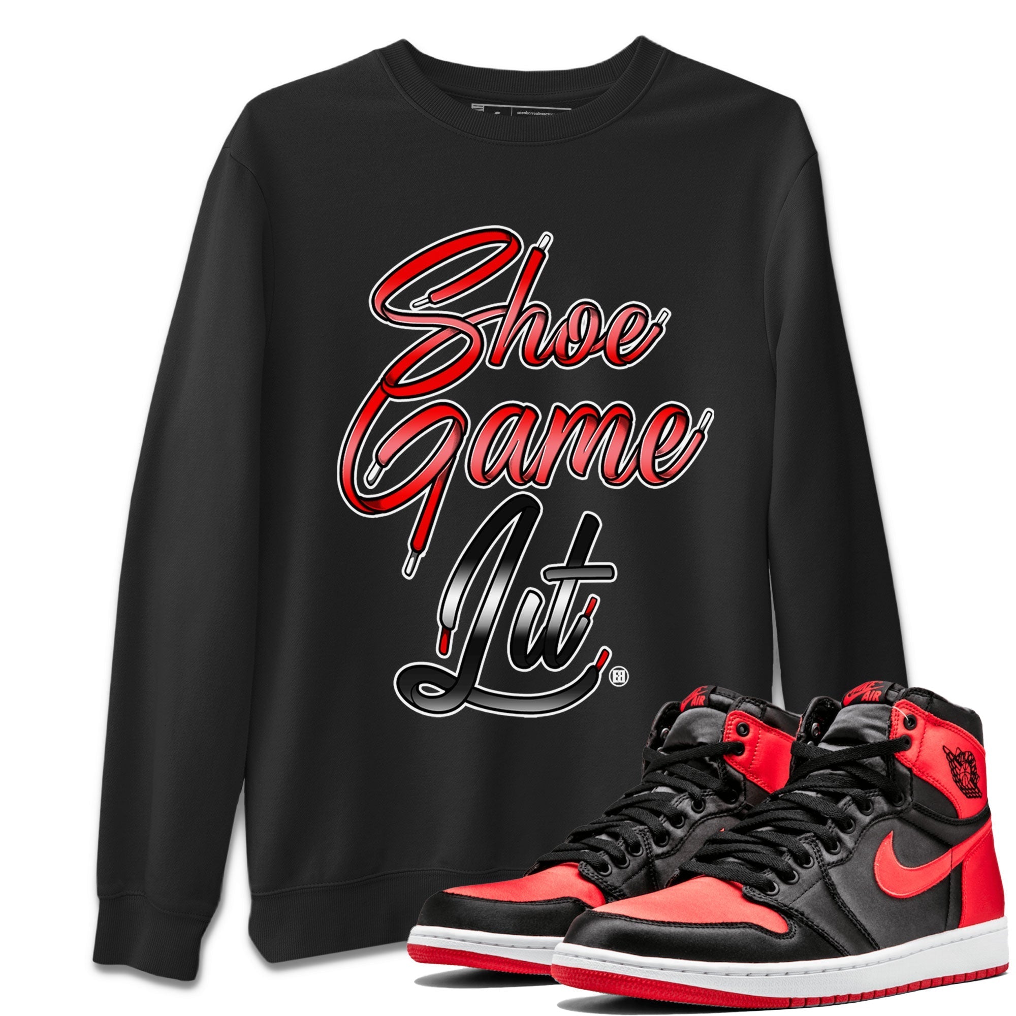Air Jordan 1 Satin Bred Sneaker Match Tees Shoe Game Lit Shoe Lace Streetwear Sneaker Shirt Air Jordan 1 Satin Bred Drip Gear Zone Sneaker Matching Clothing Short Sleeve T-Shirt Black 1