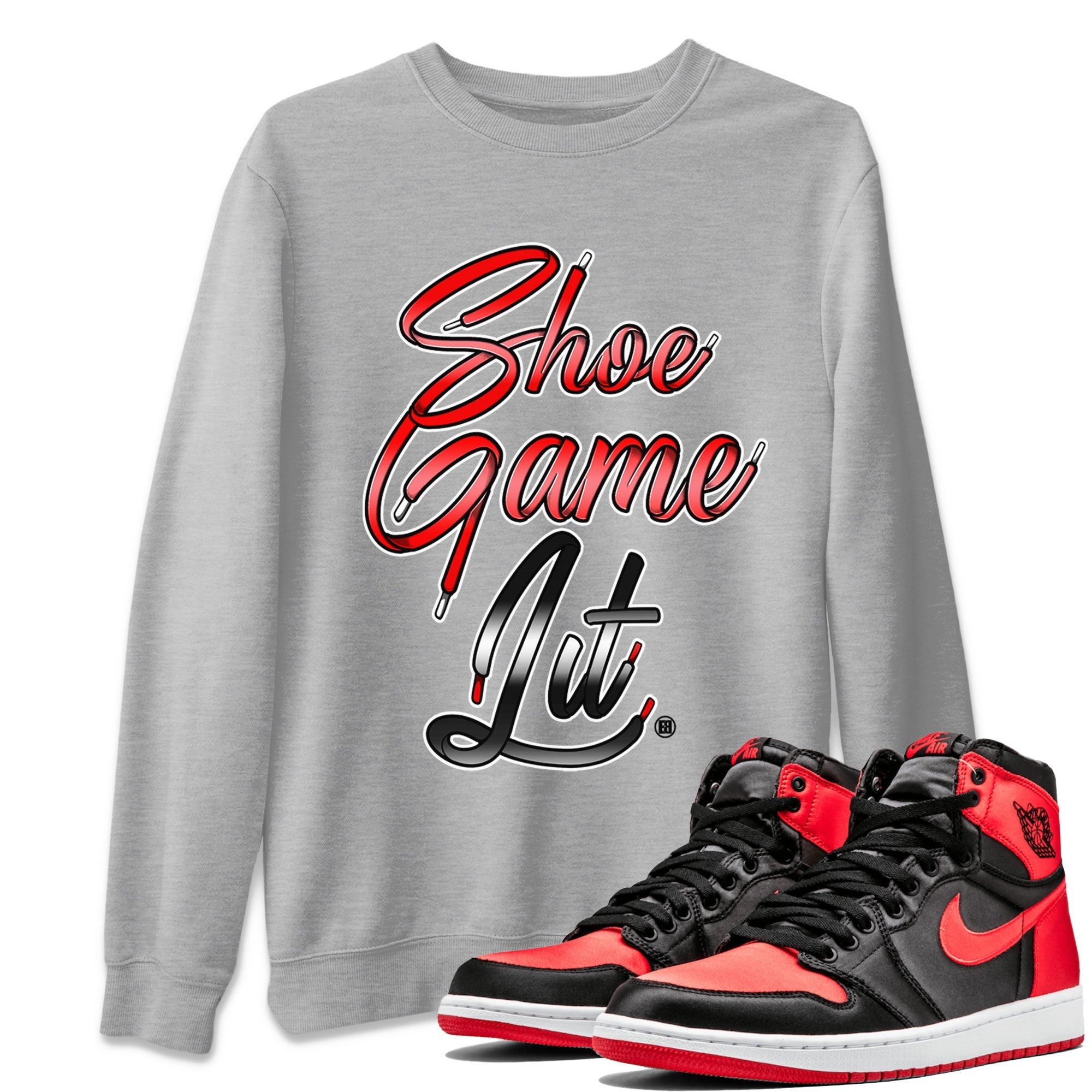 Air Jordan 1 Satin Bred Sneaker Match Tees Shoe Game Lit Shoe Lace Streetwear Sneaker Shirt Air Jordan 1 Satin Bred Drip Gear Zone Sneaker Matching Clothing Short Sleeve T-Shirt Heather Grey 1