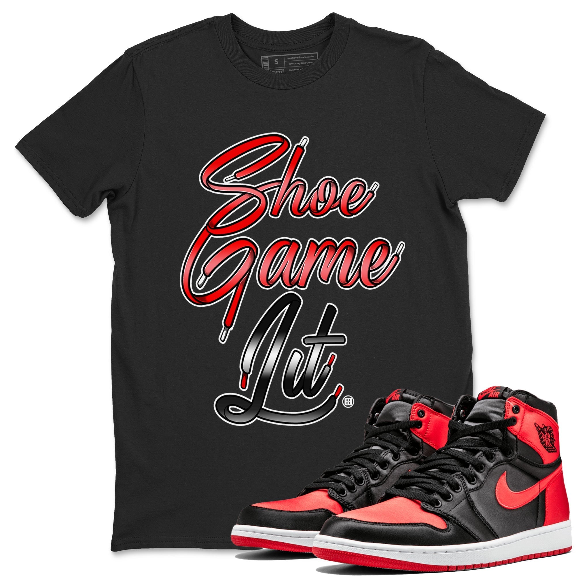Air Jordan 1 Satin Bred Sneaker Match Tees Shoe Game Lit Shoe Lace Streetwear Sneaker Shirt Air Jordan 1 Satin Bred Drip Gear Zone Sneaker Matching Clothing Short Sleeve T-Shirt Black 1