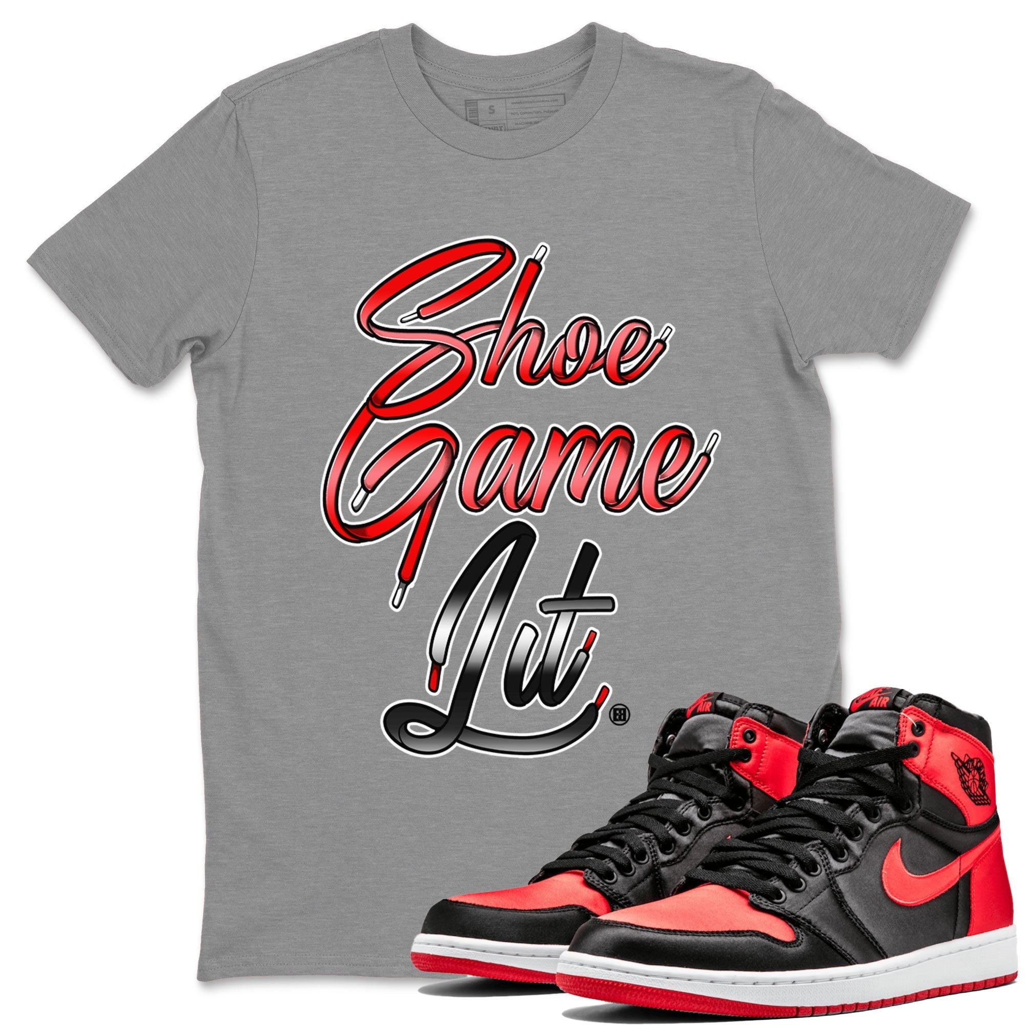 Air Jordan 1 Satin Bred Sneaker Match Tees Shoe Game Lit Shoe Lace Streetwear Sneaker Shirt Air Jordan 1 Satin Bred Drip Gear Zone Sneaker Matching Clothing Short Sleeve T-Shirt Heather Grey 1