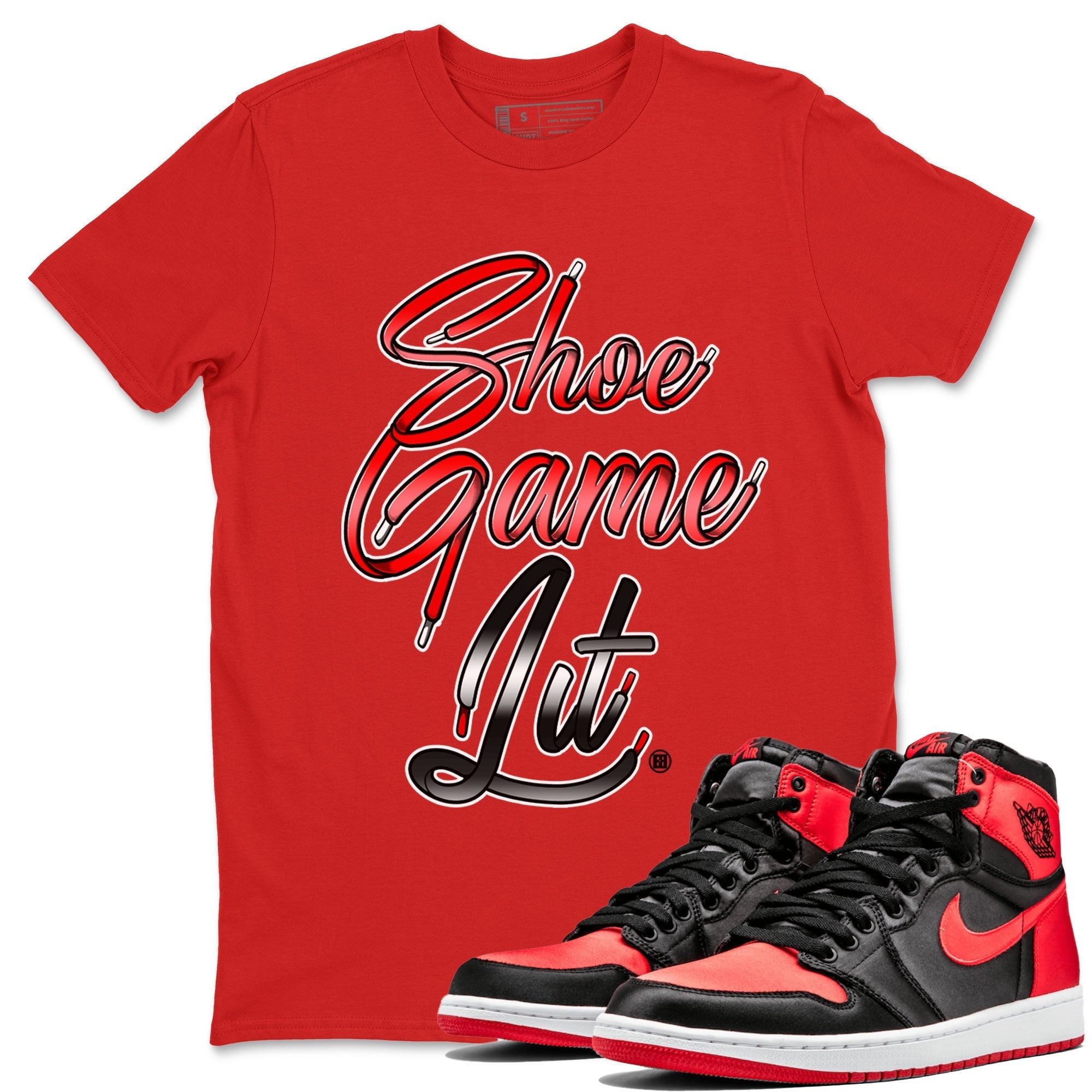 Air Jordan 1 Satin Bred Sneaker Match Tees Shoe Game Lit Shoe Lace Streetwear Sneaker Shirt Air Jordan 1 Satin Bred Drip Gear Zone Sneaker Matching Clothing Short Sleeve T-Shirt Red 1