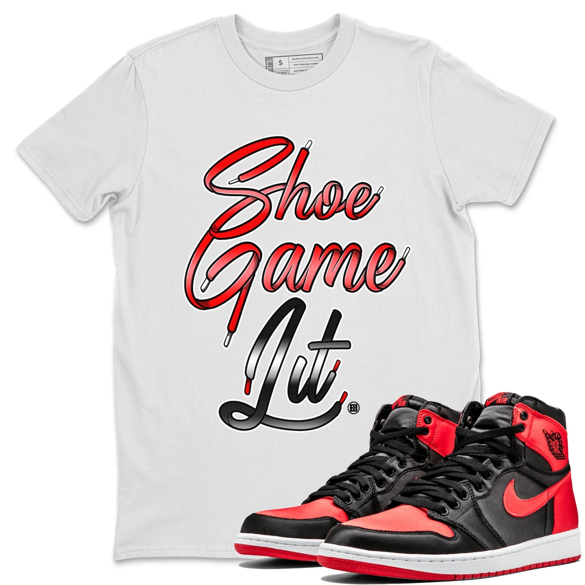 Air Jordan 1 Satin Bred Sneaker Match Tees Shoe Game Lit Shoe Lace Streetwear Sneaker Shirt Air Jordan 1 Satin Bred Drip Gear Zone Sneaker Matching Clothing Short Sleeve T-Shirt White 1