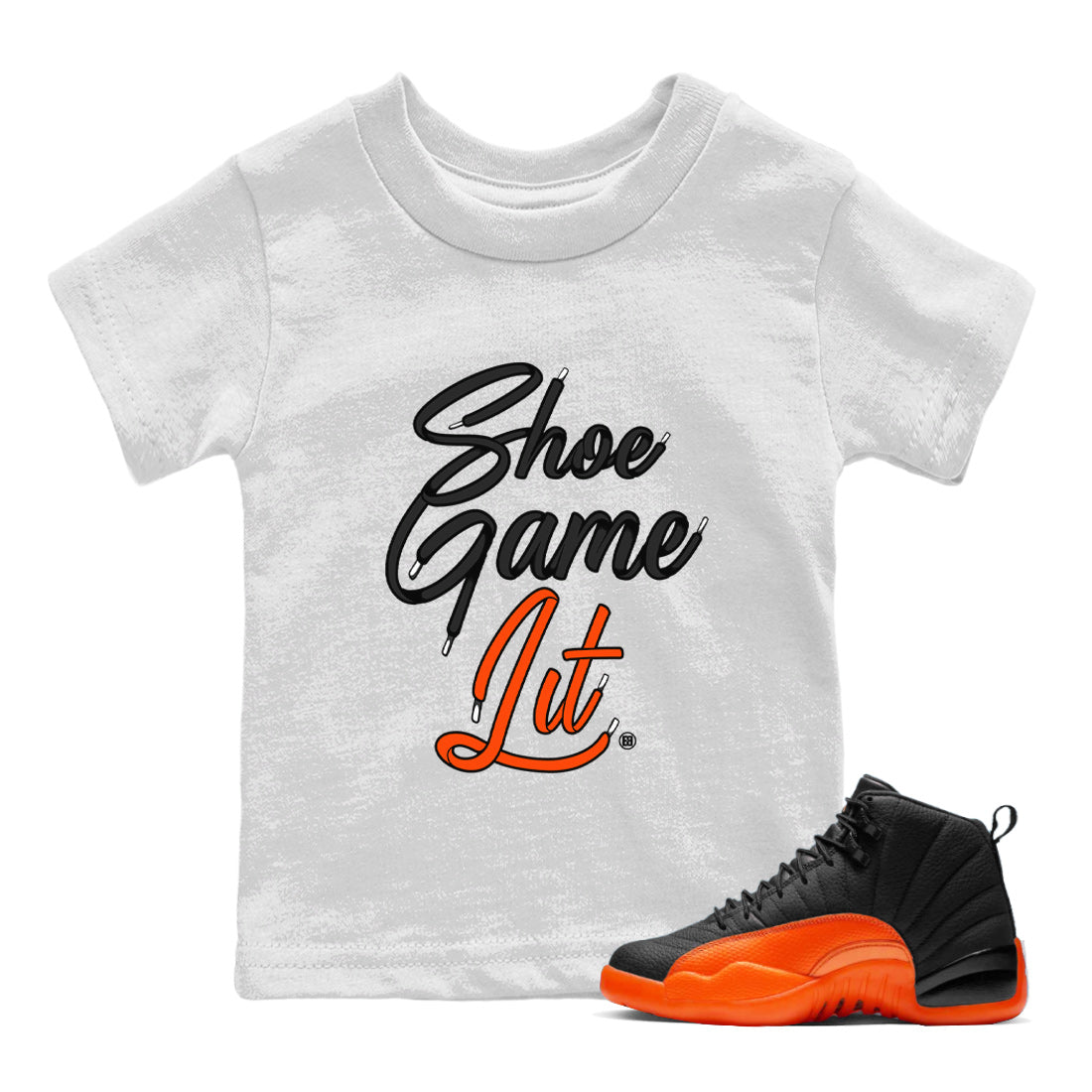 Air Jordan 12 Brilliant Orange Sneaker Match Tees Shoe Game Lit Shoe Lace Streetwear Sneaker Shirt 12s Brilliant Orange Tee Kids Shirts White 1