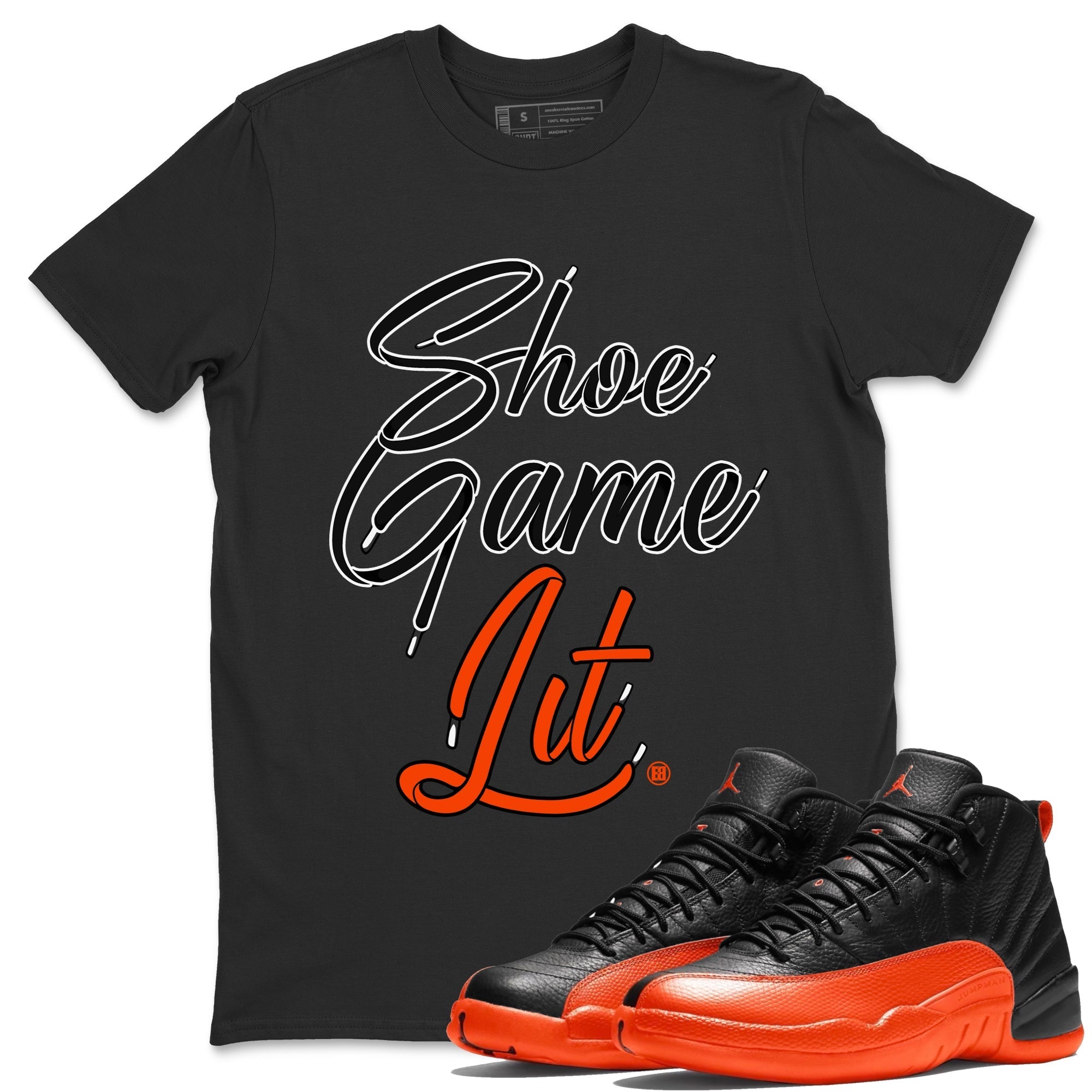 Air Jordan 12 Brilliant Orange Sneaker Match Tees Shoe Game Lit Shoe Lace Streetwear Sneaker Shirt 12s Brilliant Orange Tee Unisex Shirts Black 1
