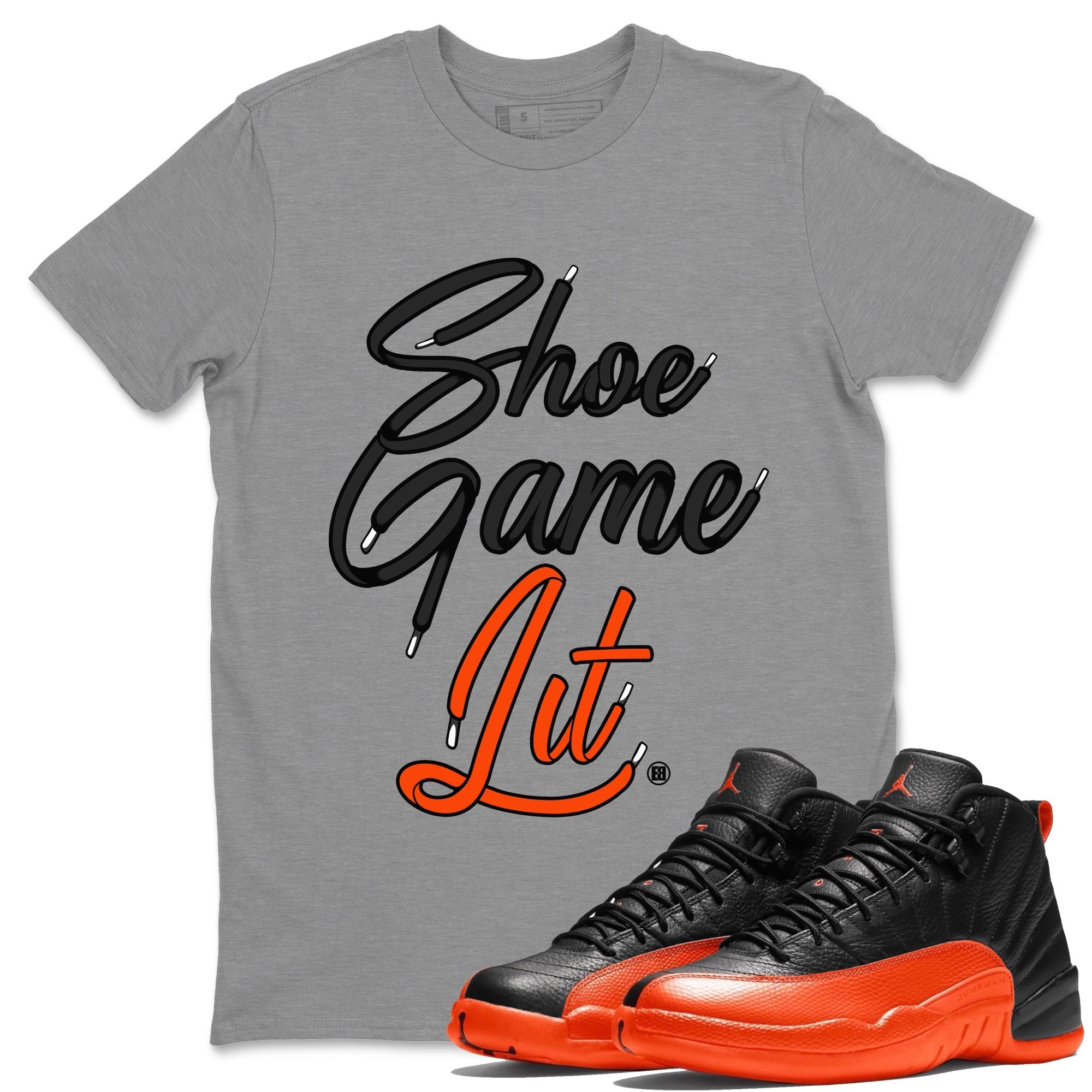 Air Jordan 12 Brilliant Orange Shoe Game Lit Shoe Lace Crew Neck Streetwear Sneaker Shirt Air Jordan 12 Brilliant Orange Sneaker T-Shirts Size Chart