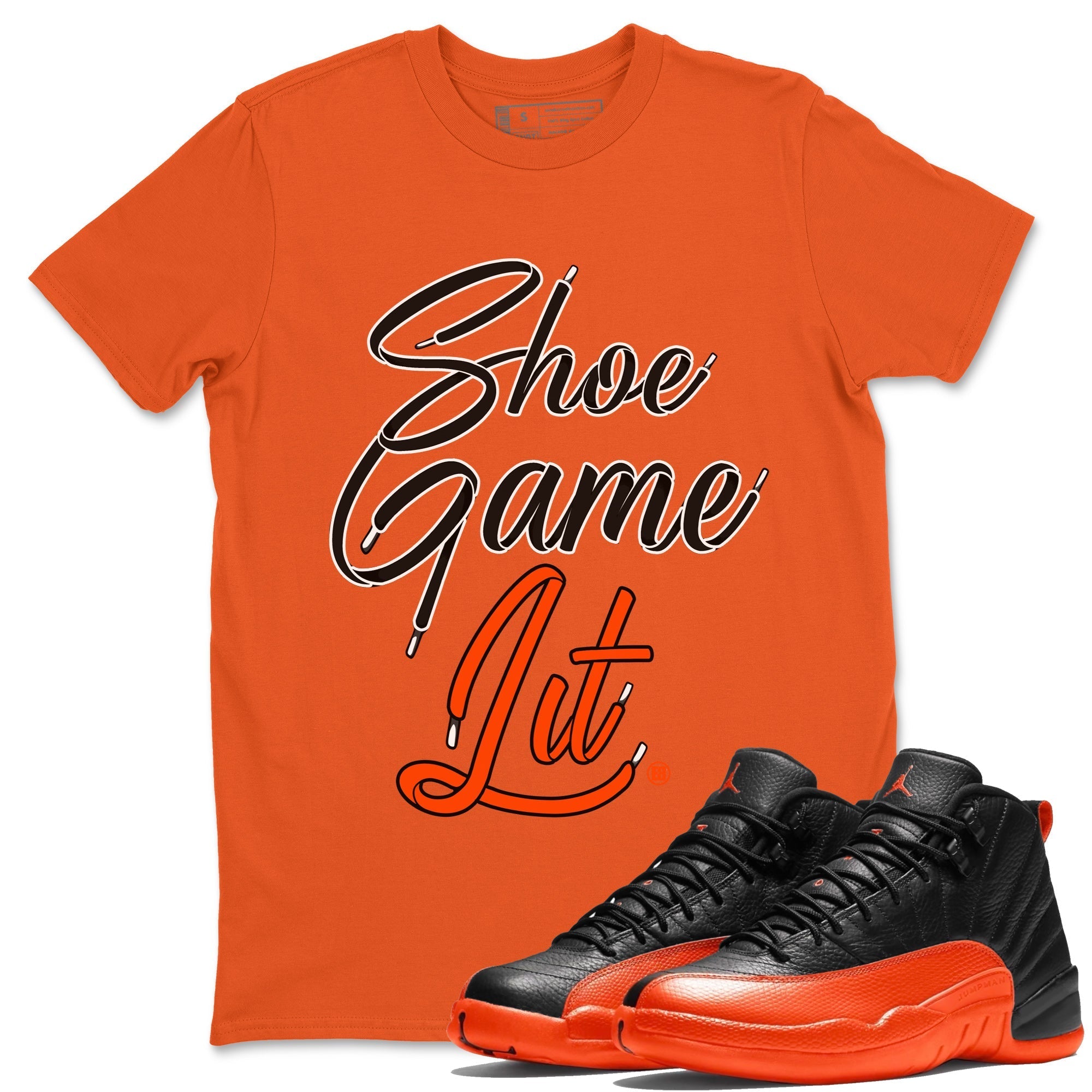 Air Jordan 12 Brilliant Orange Shoe Game Lit Shoe Lace Crew Neck Streetwear Sneaker Shirt Air Jordan 12 Brilliant Orange Sneaker T-Shirts Washing and Care Tip
