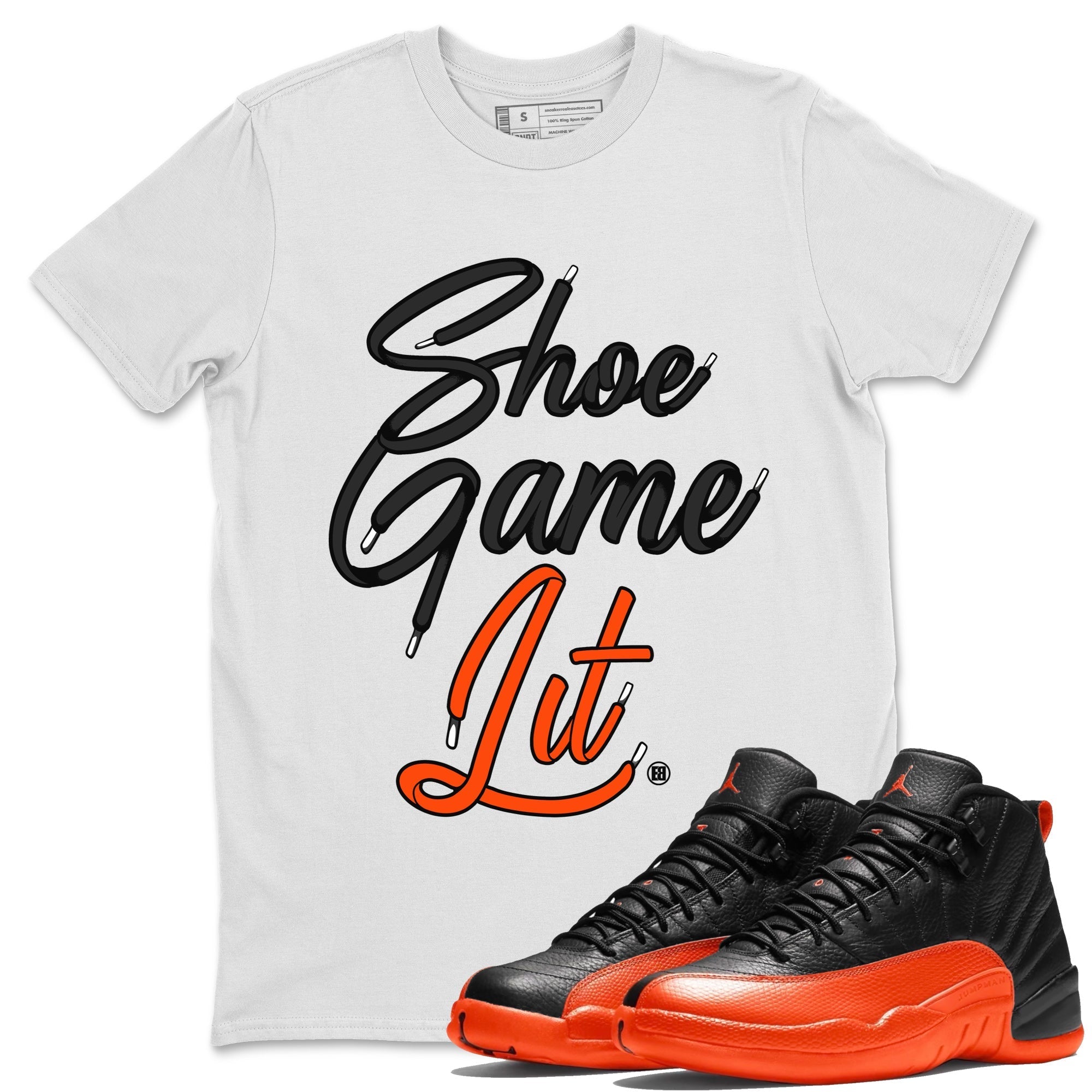 Air Jordan 12 Brilliant Orange Sneaker Match Tees Shoe Game Lit Shoe Lace Streetwear Sneaker Shirt 12s Brilliant Orange Tee Unisex Shirts White 1