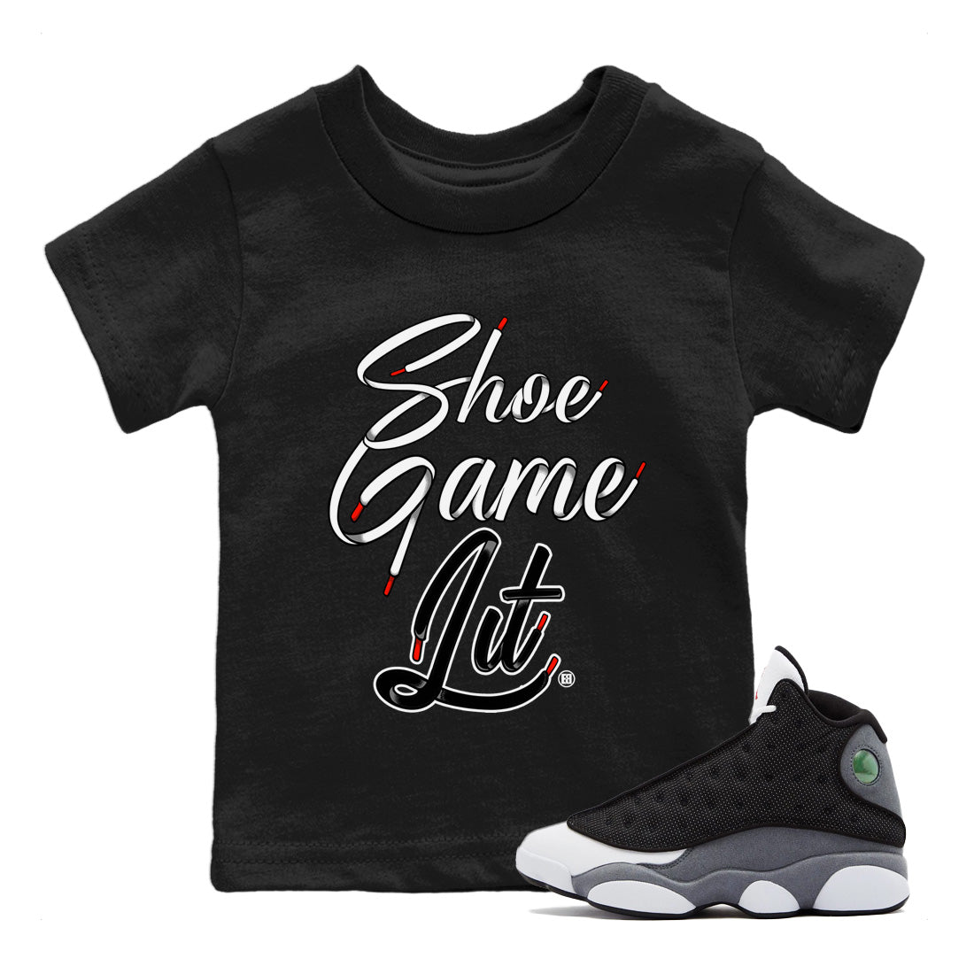 Air Jordan 13 Black Flint Sneaker Match Tees Shoe Game Lit Shoe Lace Streetwear Sneaker Shirt Air Jordan 13 Black Flint Sneaker Release Tees Kids Shirts Black 1