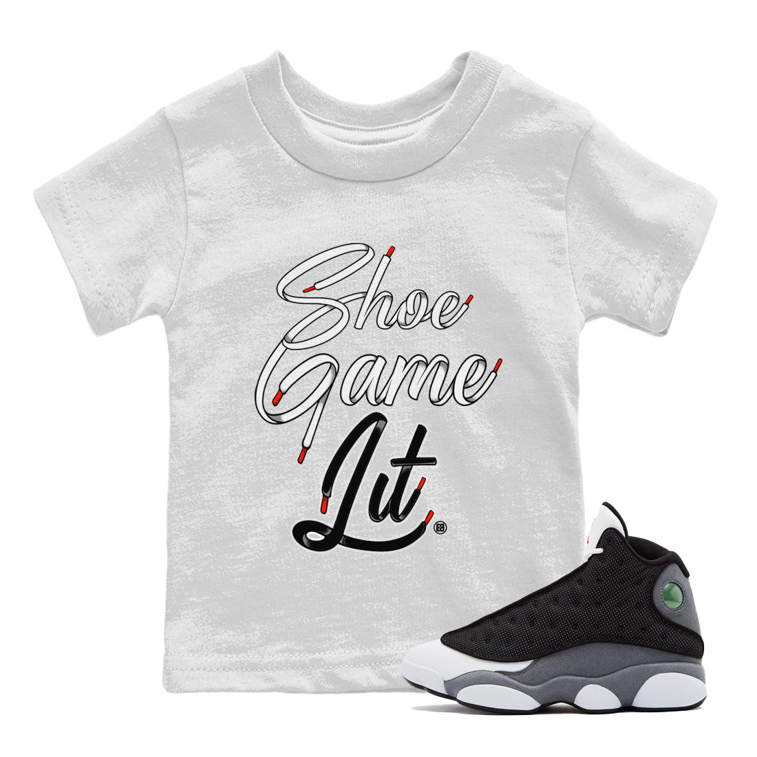 Air Jordan 13 Black Flint Sneaker Match Tees Shoe Game Lit Shoe Lace Streetwear Sneaker Shirt Air Jordan 13 Black Flint Sneaker Release Tees Kids Shirts White 1