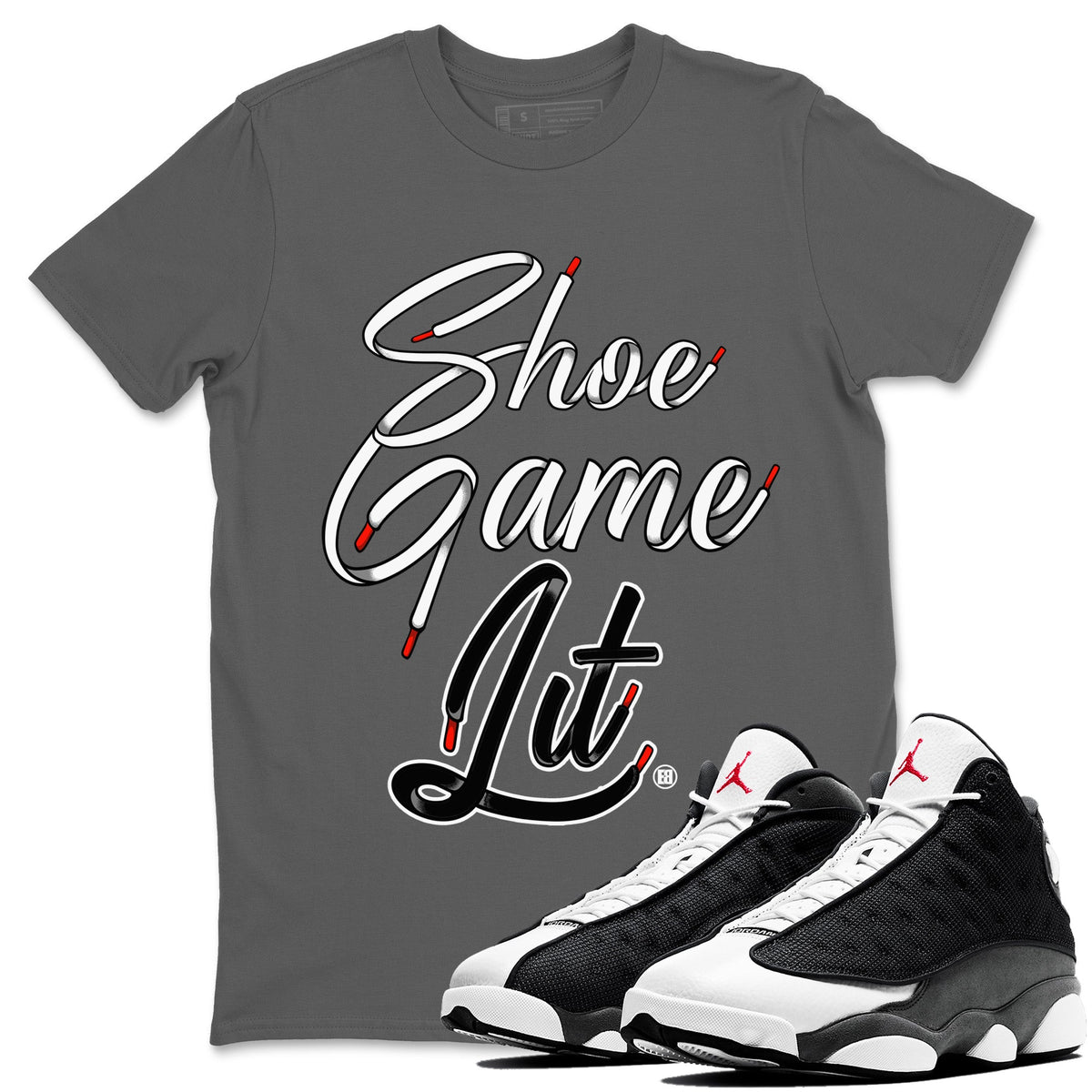 Air Jordan 13 Black Flint Shoe Game Lit Shoe Lace Crew Neck Streetwear Sneaker Shirt Air Jordan 13 Black Flint Sneaker T-Shirts Washing and Care Tip