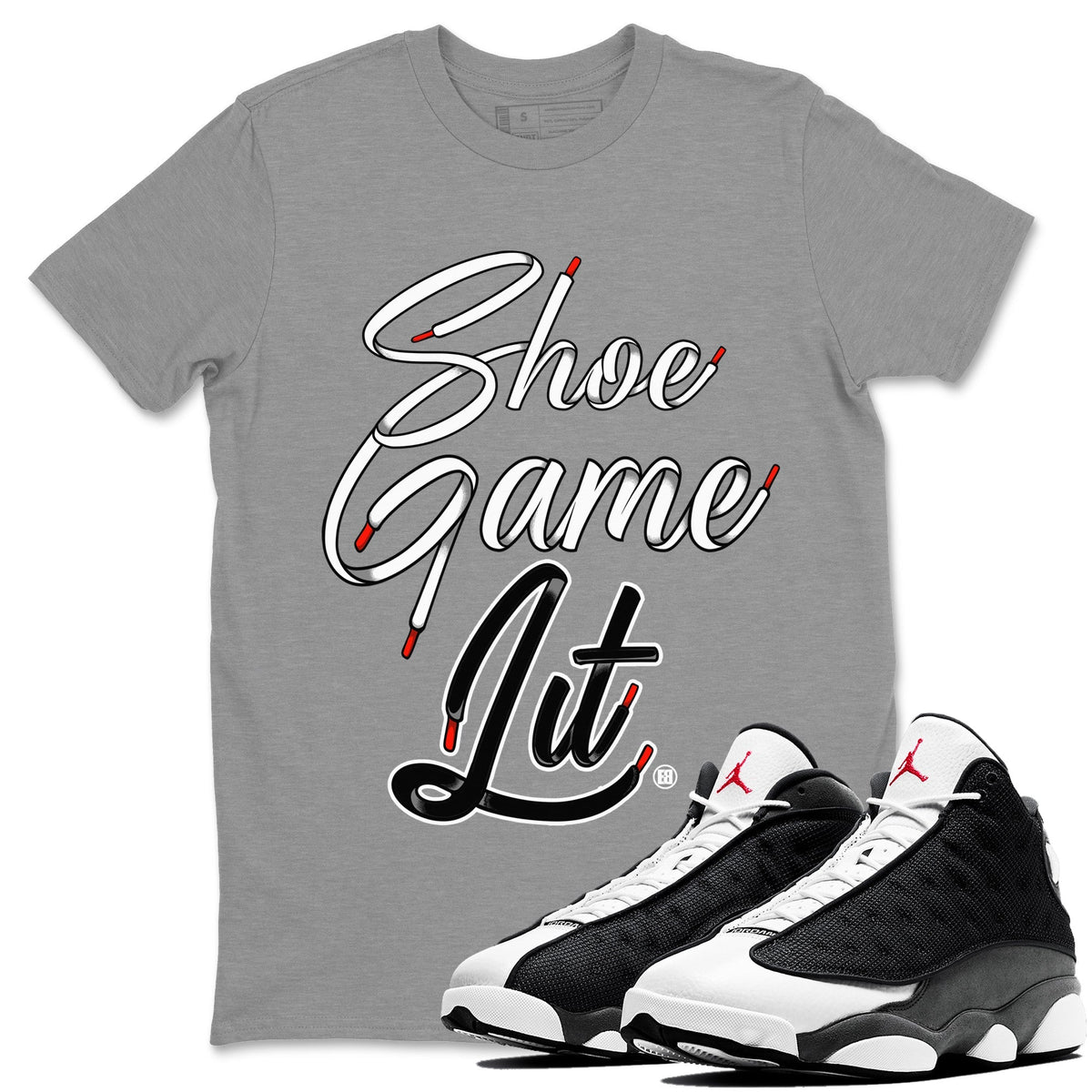 Air Jordan 13 Black Flint Shoe Game Lit Shoe Lace Crew Neck Streetwear Sneaker Shirt Air Jordan 13 Black Flint Sneaker T-Shirts Size Chart