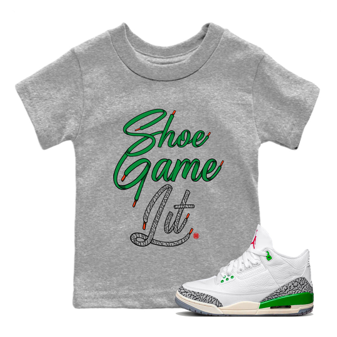 Air Jordan 3 Lucky Green Shoe Game Lit Shoe Lace Baby and Kids Streetwear Sneaker Shirt Air Jordan 3 Lucky Green Kids Streetwear Sneaker Shirt Size Chart