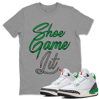 Air Jordan 3 Lucky Green Shoe Game Lit Shoe Lace Crew Neck Streetwear Sneaker Shirt Air Jordan 3 Lucky Green Sneaker T-Shirts Size Chart