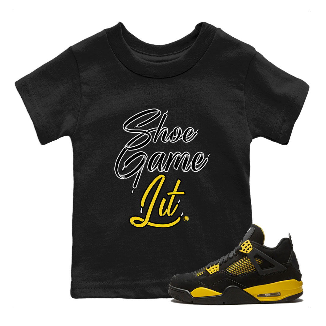 Air Jordan 4 Thunder Sneaker Match Tees Shoe Game Lit Shoe Lace Streetwear Sneaker Shirt Air Jordan 4 Retro Thunder Tees Kids Shirts Black 1