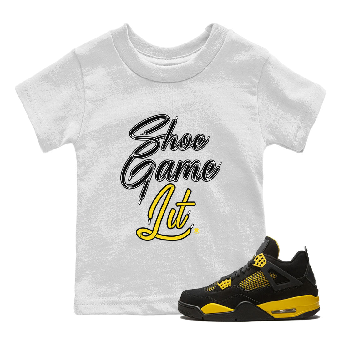 Air Jordan 4 Thunder Sneaker Match Tees Shoe Game Lit Shoe Lace Streetwear Sneaker Shirt Air Jordan 4 Retro Thunder Tees Kids Shirts White 1