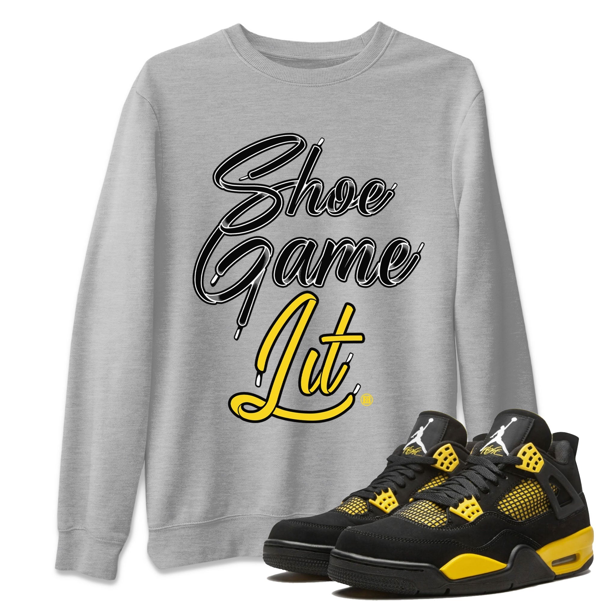 Air Jordan 4 Thunder Sneaker Match Tees Shoe Game Lit Shoe Lace Streetwear Sneaker Shirt Air Jordan 4 Retro Thunder Tees Unisex Shirts Heather Grey 1