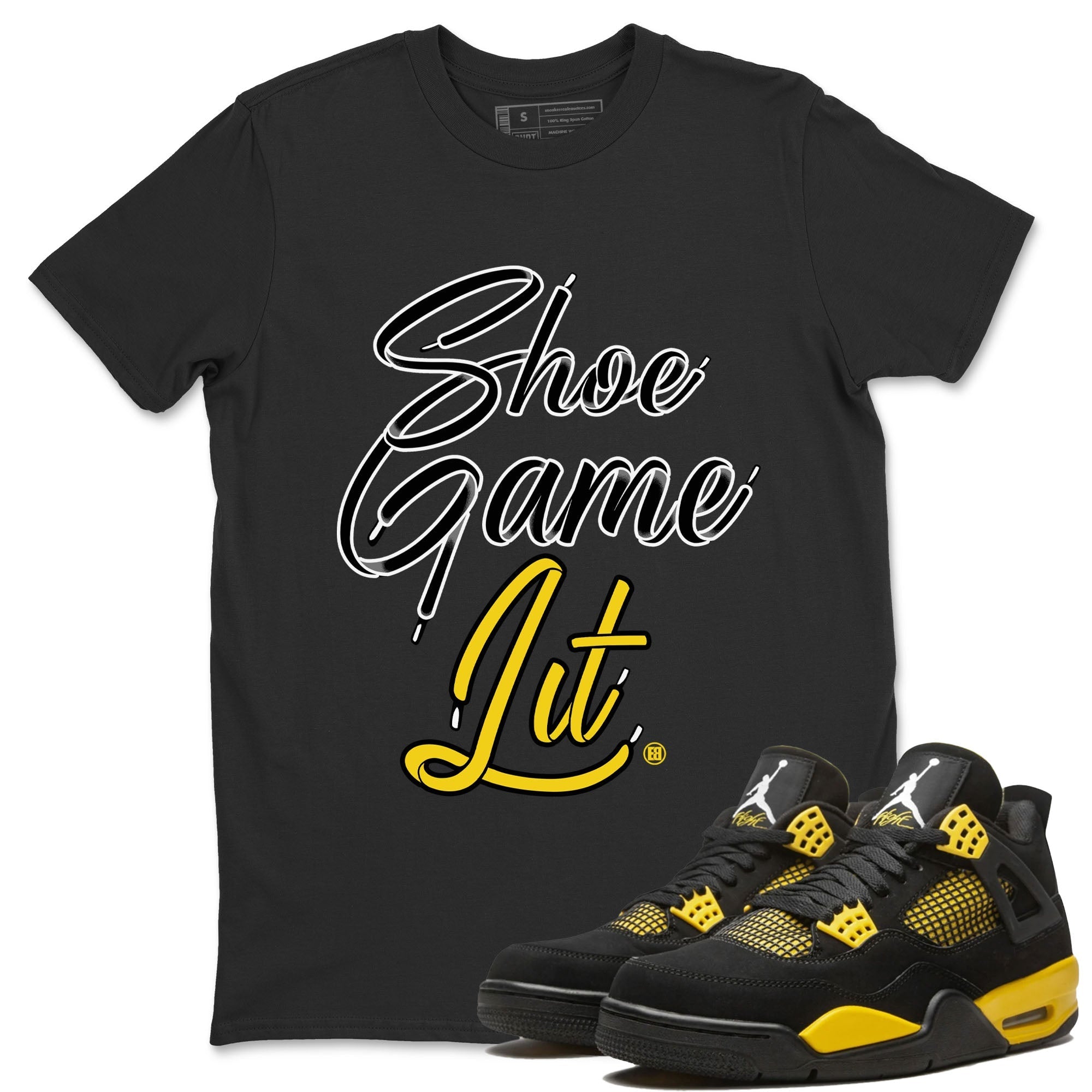 Air Jordan 4 Thunder Sneaker Match Tees Shoe Game Lit Shoe Lace Streetwear Sneaker Shirt Air Jordan 4 Retro Thunder Tees Unisex Shirts Black 1