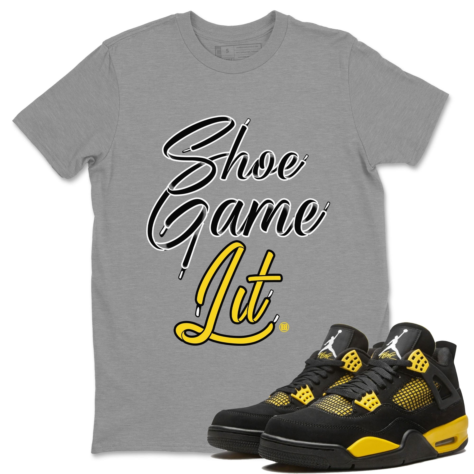 Air Jordan 4 Thunder Shoe Game Lit Shoe Lace Crew Neck Streetwear Sneaker Shirt Air Jordan 4 Thunder Sneaker T-Shirts Size Chart
