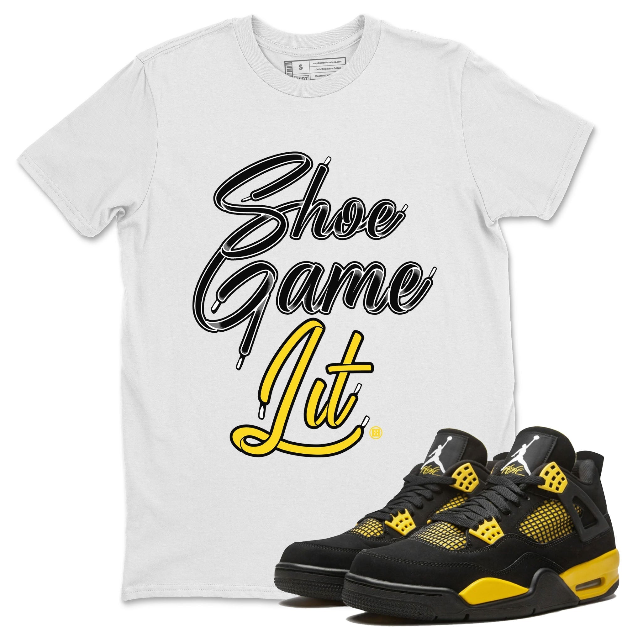 Air Jordan 4 Thunder Sneaker Match Tees Shoe Game Lit Shoe Lace Streetwear Sneaker Shirt Air Jordan 4 Retro Thunder Tees Unisex Shirts White 1