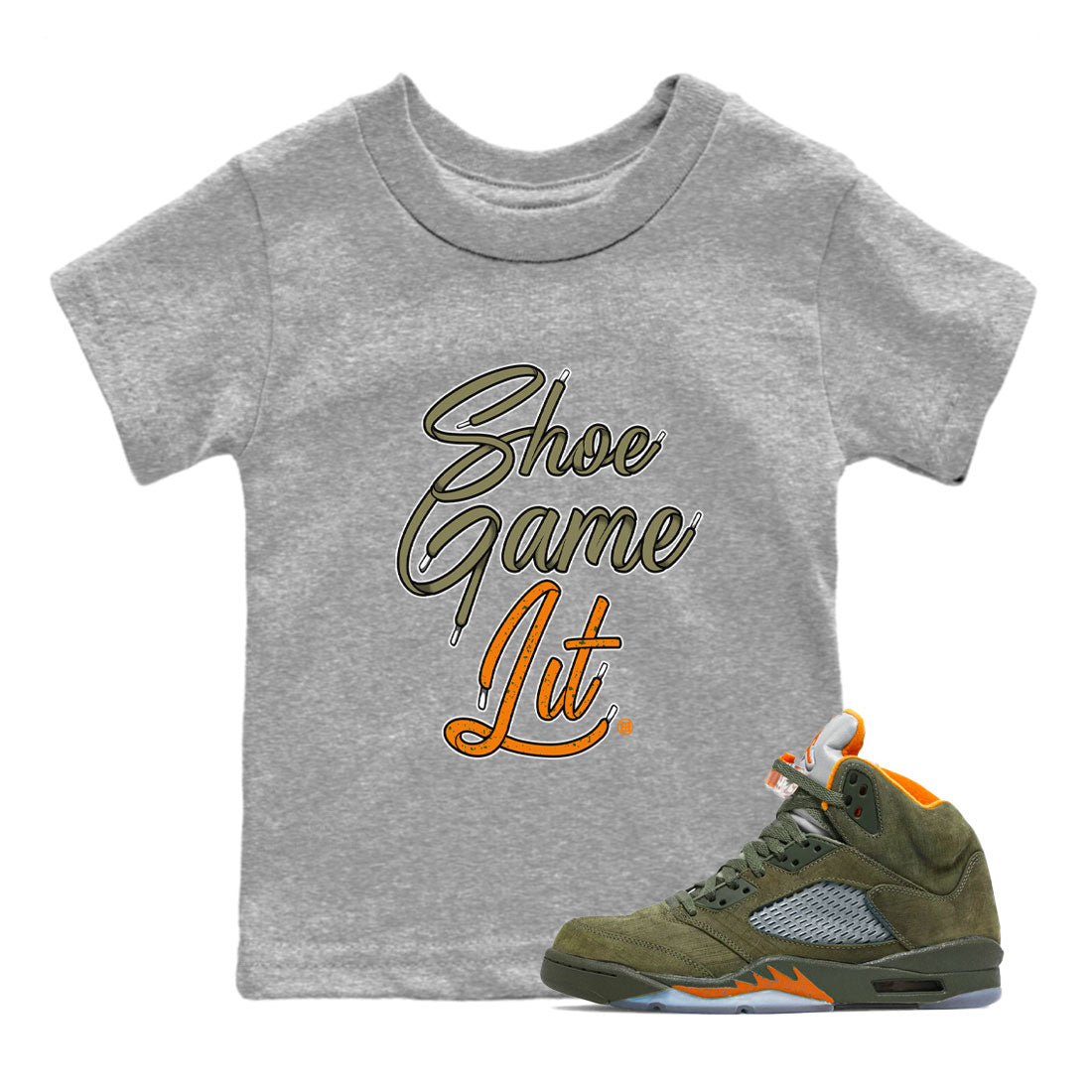 5s Olive shirt to match jordans Shoe Game Lit Shoe Lace sneaker tees Air Jordan 5 Olive Drip Gear Zone baby toddler Heather Grey 1 cotton Shirt