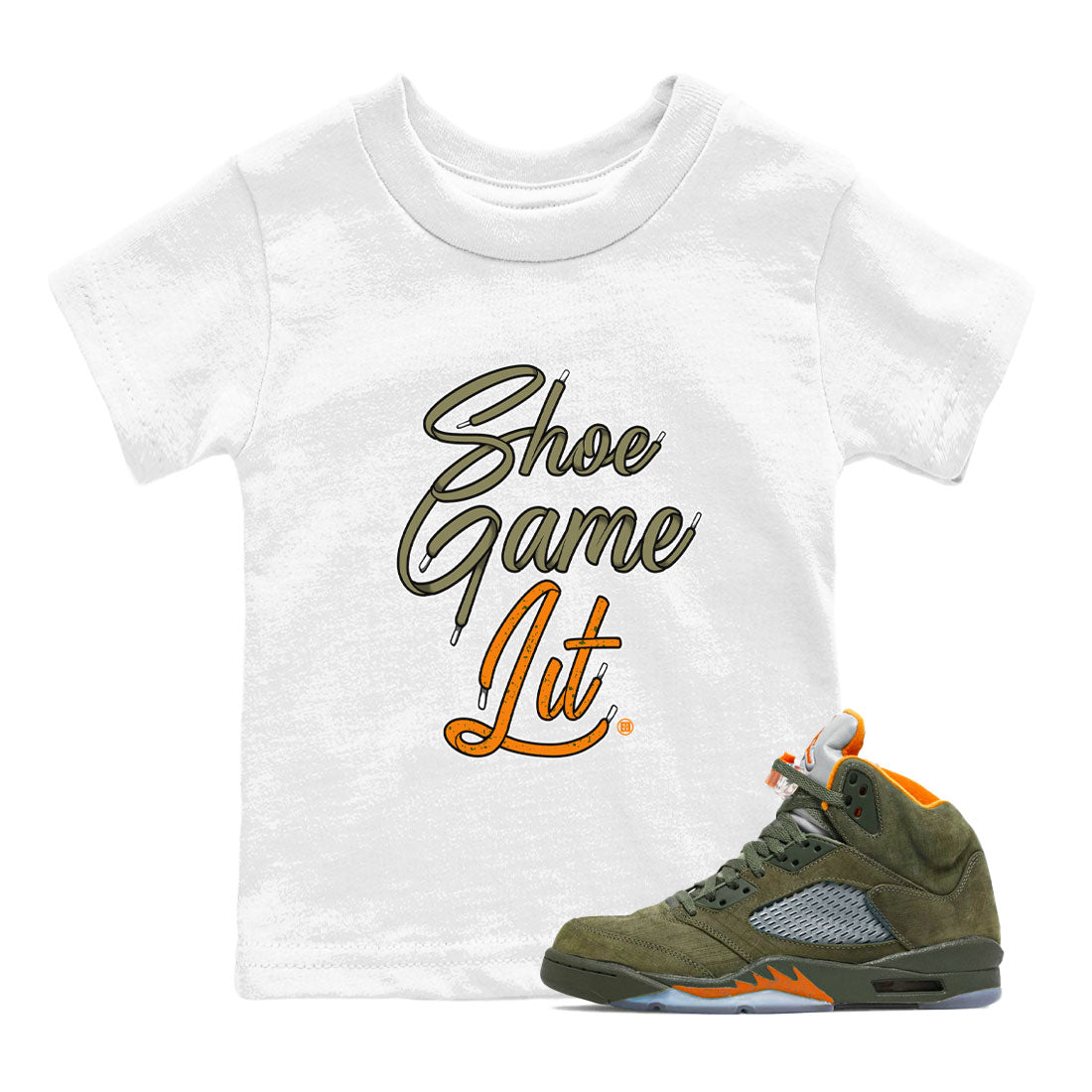 5s Olive shirt to match jordans Shoe Game Lit Shoe Lace sneaker tees Air Jordan 5 Olive Drip Gear Zone baby toddler White 1 cotton Shirt