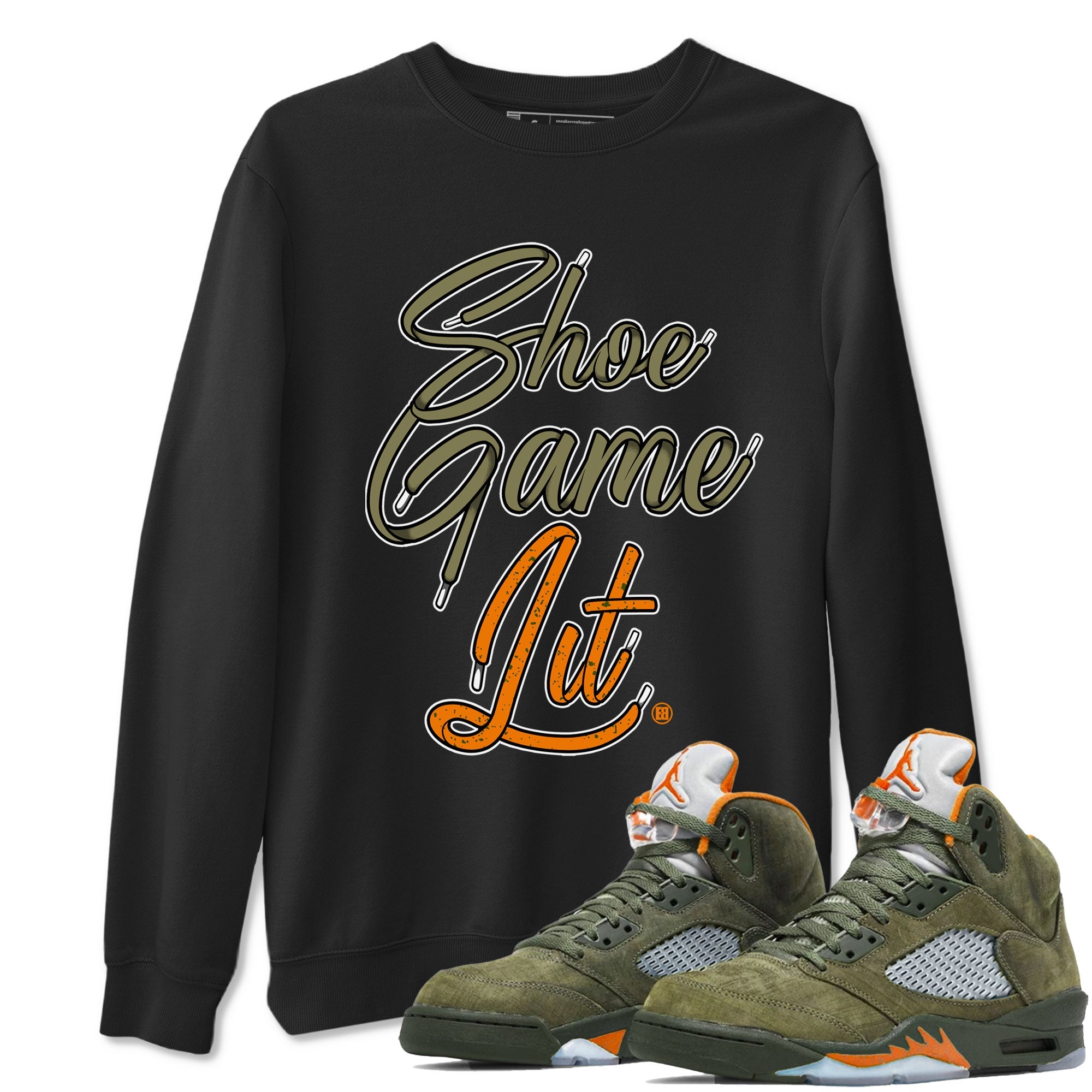 5s Olive shirt to match jordans Shoe Game Lit Shoe Lace sneaker tees Air Jordan 5 Retro Olive Drip Gear Zone unisex cotton Black 1 crew neck shirt
