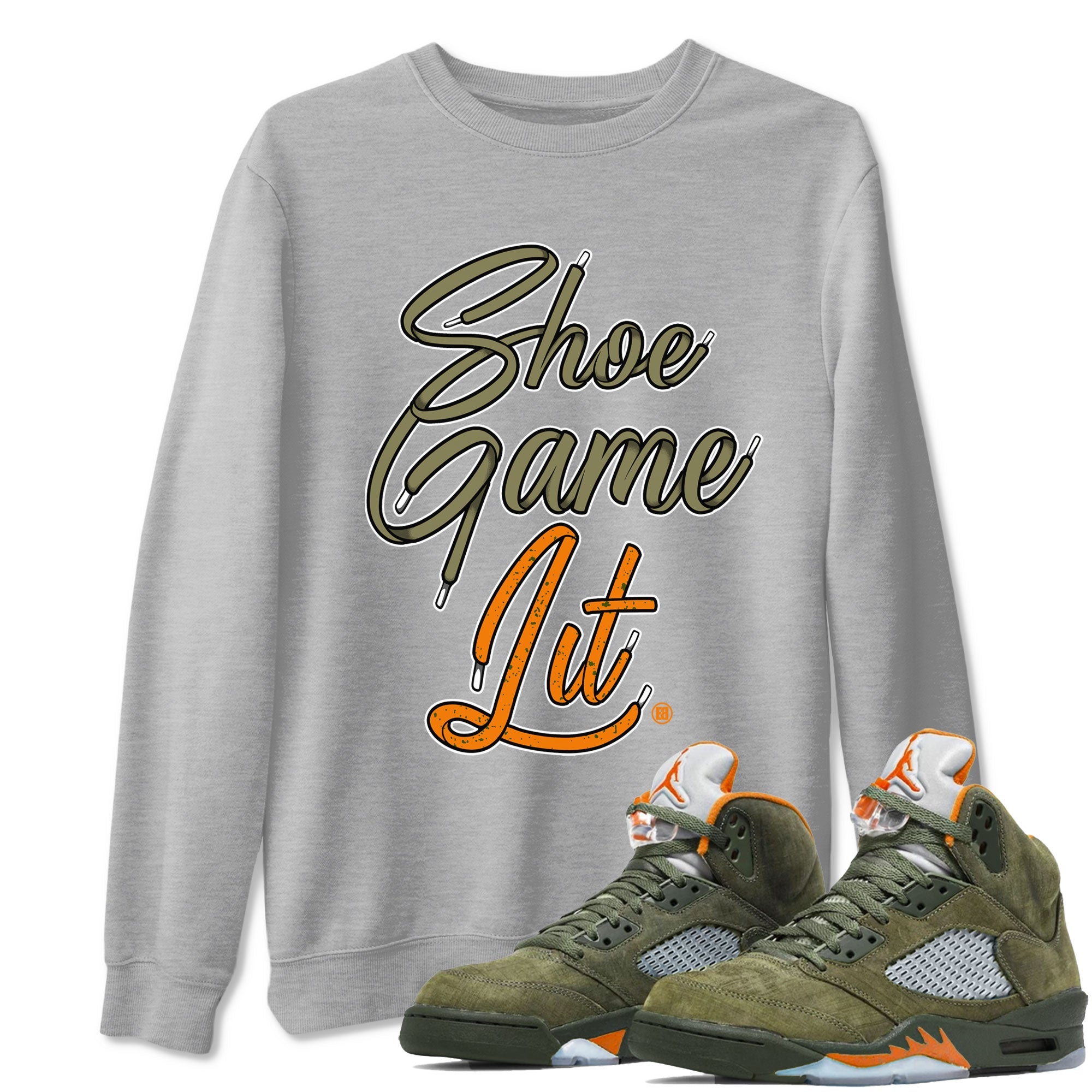 5s Olive shirt to match jordans Shoe Game Lit Shoe Lace sneaker tees Air Jordan 5 Retro Olive Drip Gear Zone unisex cotton Heather Grey 1 crew neck shirt