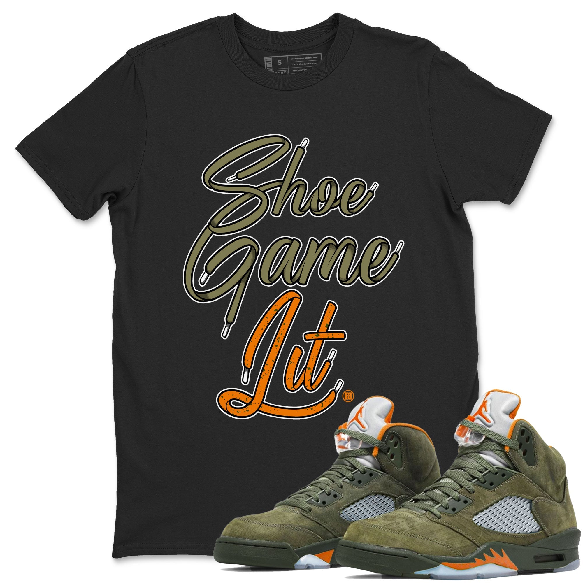 5s Olive shirt to match jordans Shoe Game Lit Shoe Lace sneaker tees Air Jordan 5 Retro Olive Drip Gear Zone unisex cotton Black 1 crew neck shirt