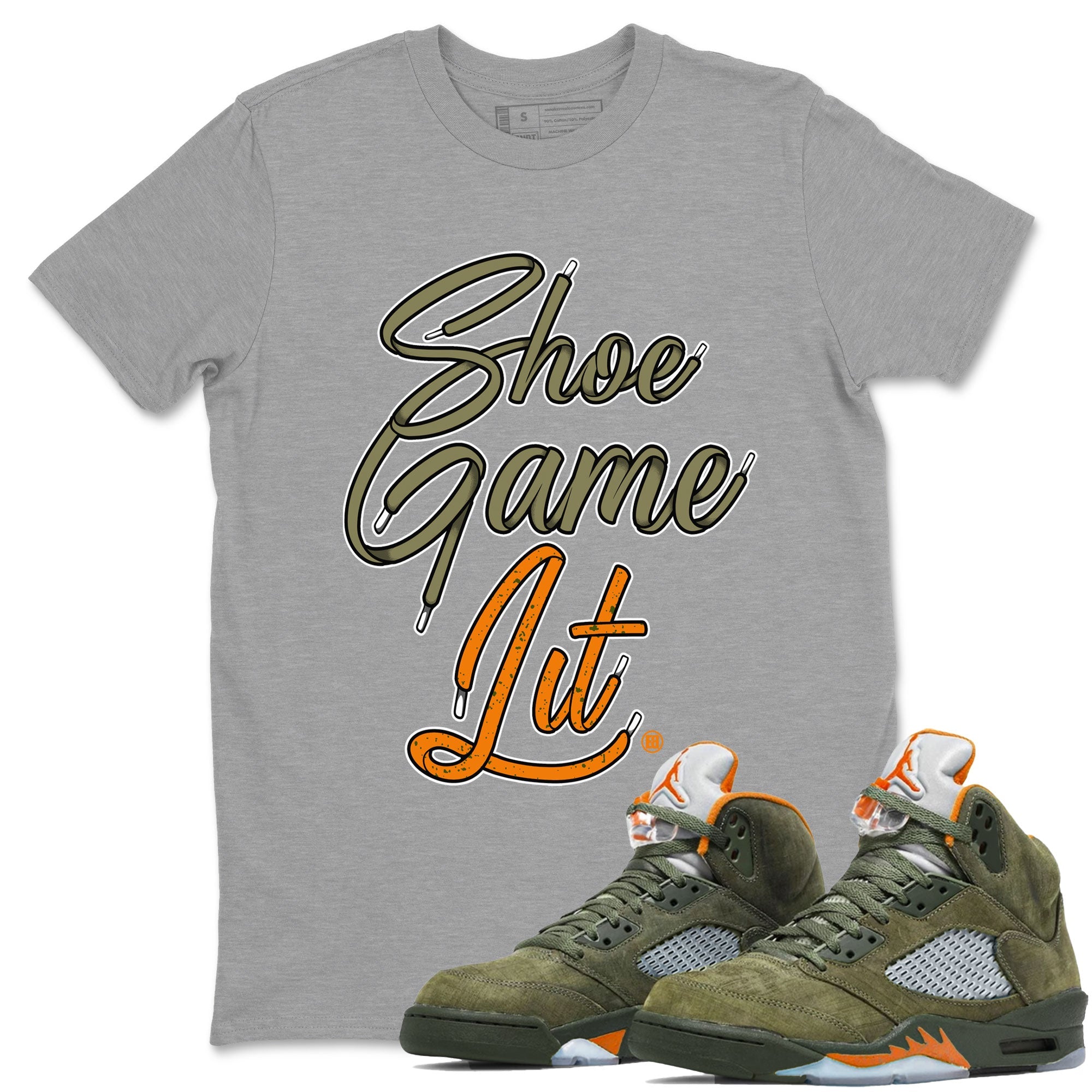 5s Olive shirt to match jordans Shoe Game Lit Shoe Lace sneaker tees Air Jordan 5 Retro Olive Drip Gear Zone unisex cotton Heather Grey 1 crew neck shirt