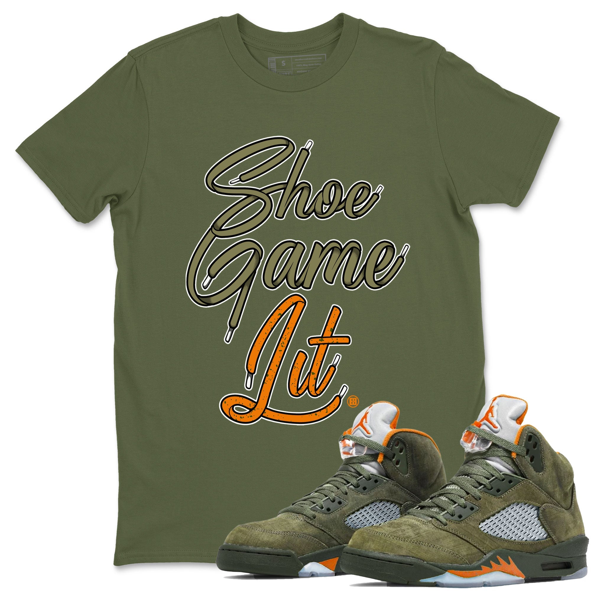 5s Olive shirt to match jordans Shoe Game Lit Shoe Lace sneaker tees Air Jordan 5 Retro Olive Drip Gear Zone unisex cotton Military Green 1 crew neck shirt