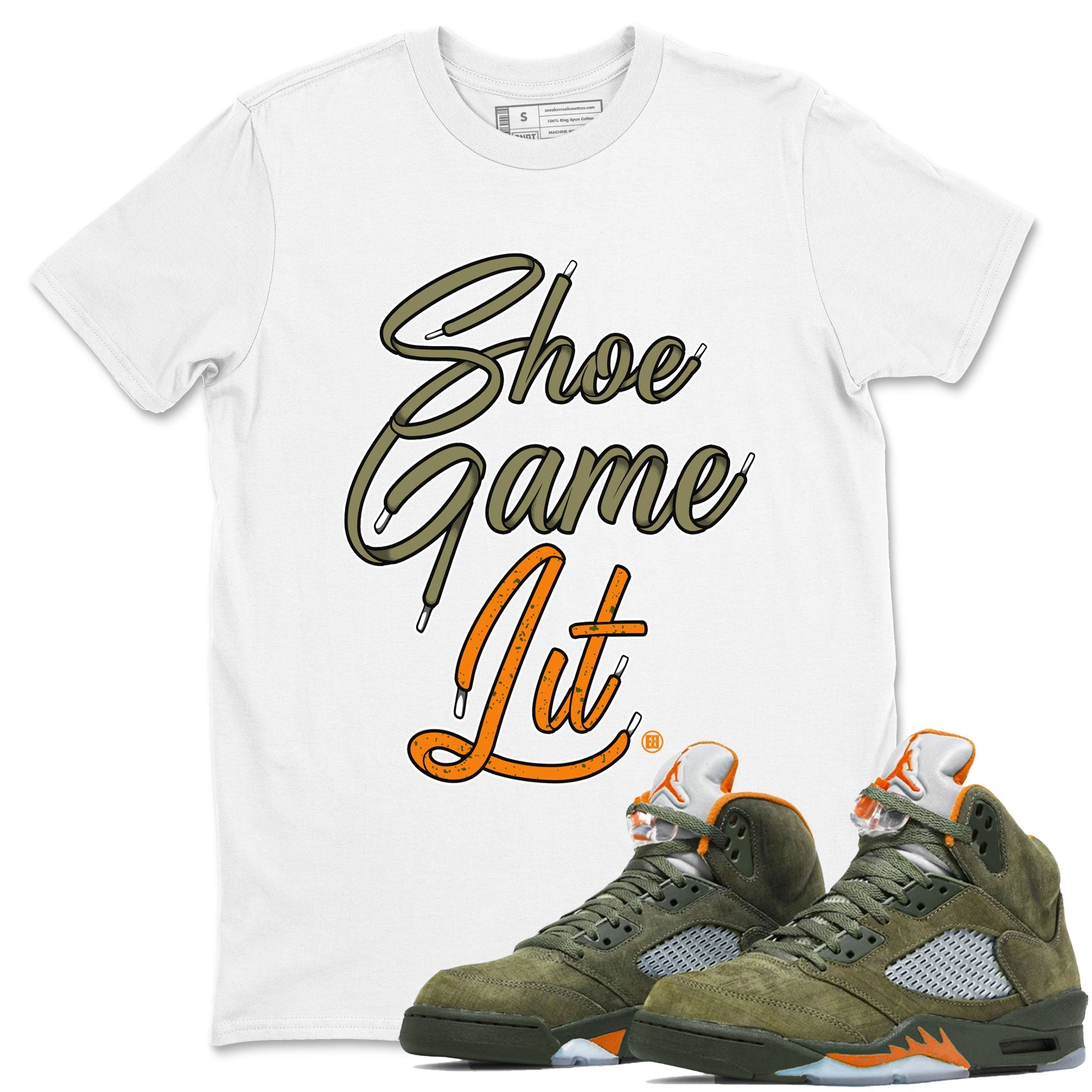 5s Olive shirt to match jordans Shoe Game Lit Shoe Lace sneaker tees Air Jordan 5 Retro Olive Drip Gear Zone unisex cotton White 1 crew neck shirt