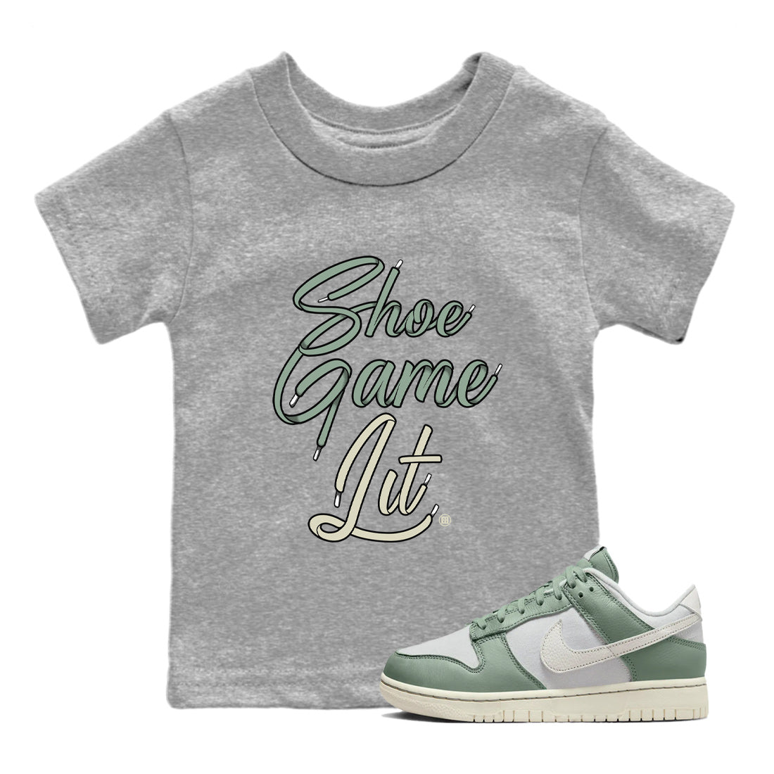 Dunk Low Mica Green Shirts Shoe Game Lit Shoe Lace Streetwear Sneaker Shirt Dunk Mica Green Sneaker Release Tees Kids Shirts Heather Grey 1