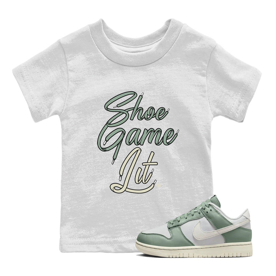 Dunk Low Mica Green Shirts Shoe Game Lit Shoe Lace Streetwear Sneaker Shirt Dunk Mica Green Sneaker Release Tees Kids Shirts White 1