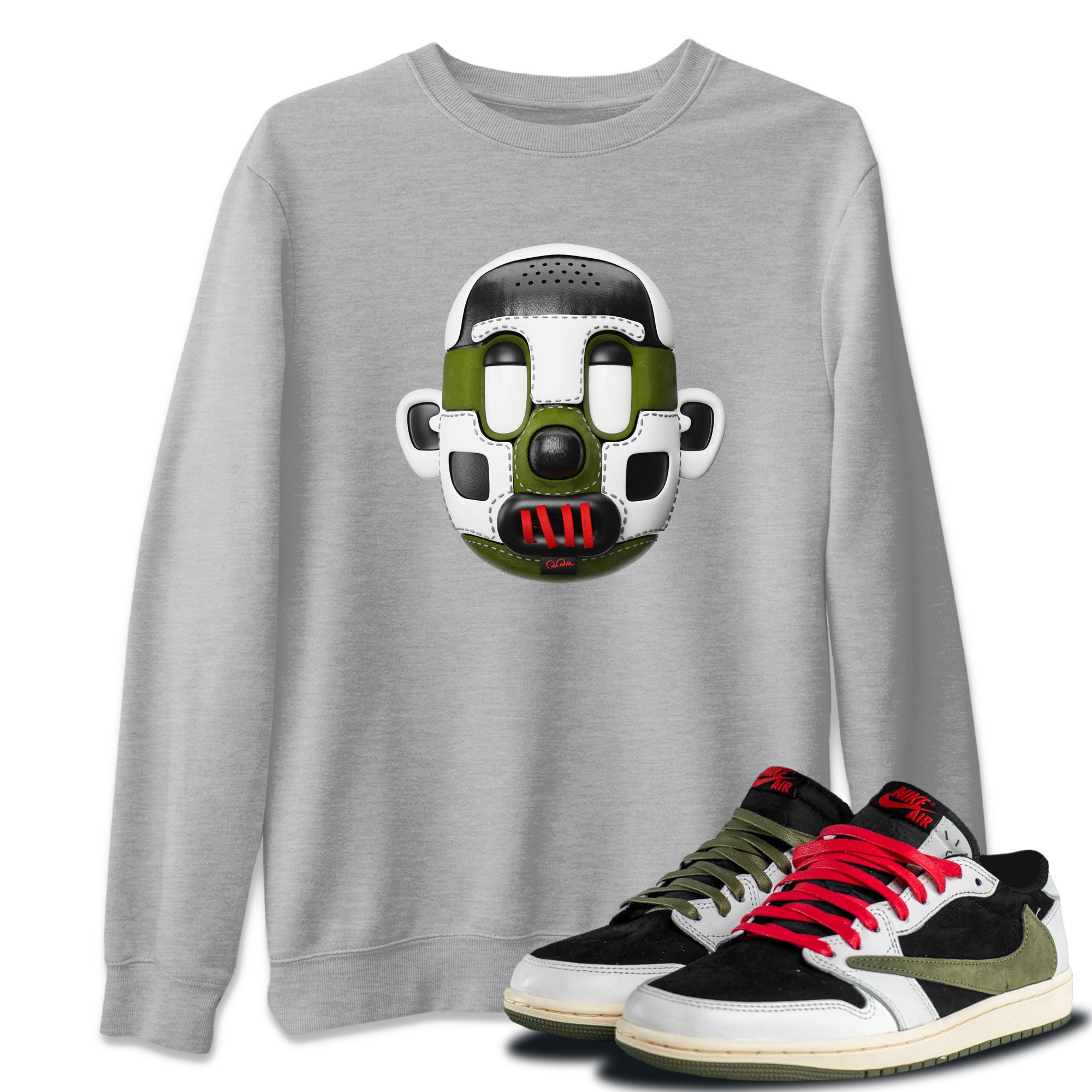 Air Jordan 1 Travis Scott Olive Sneaker Match Tees Shoe Head Sneaker Tees AJ1 Travis Scott Olive Drip Gear Zone Unisex Shirts Heather Grey 1