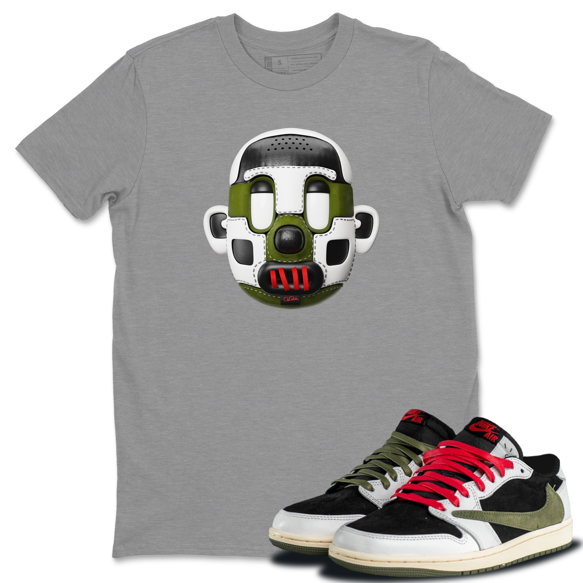 Air Jordan 1 Travis Scott Olive Sneaker Match Tees Shoe Head Sneaker Tees AJ1 Travis Scott Olive Drip Gear Zone Unisex Shirts Heather Grey 1