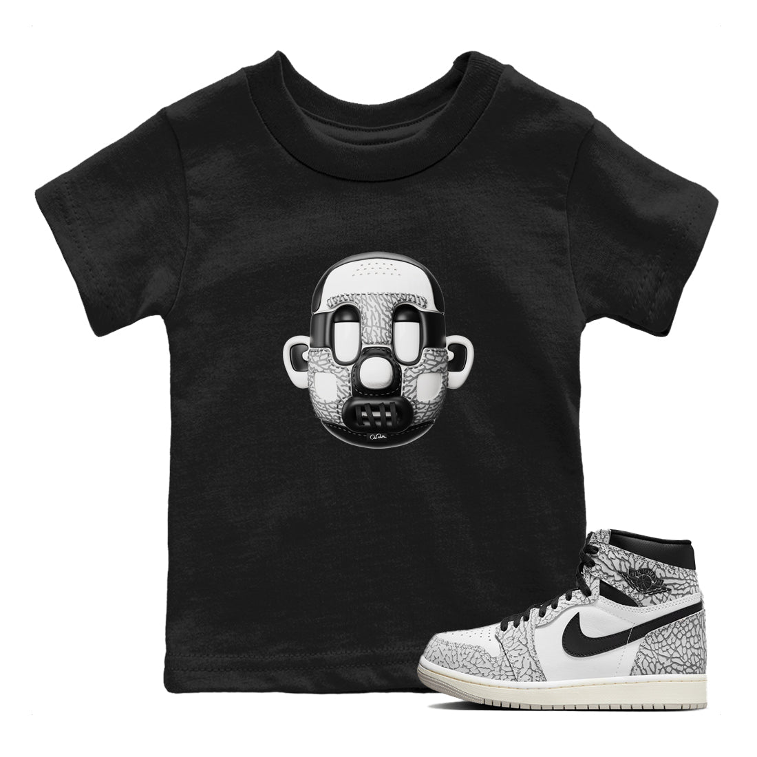 Air Jordan 1 White Cement Sneaker Match Tees Shoe Head Sneaker Tees AJ1 White Cement Drip Gear Zone Kids Shirts Black 1