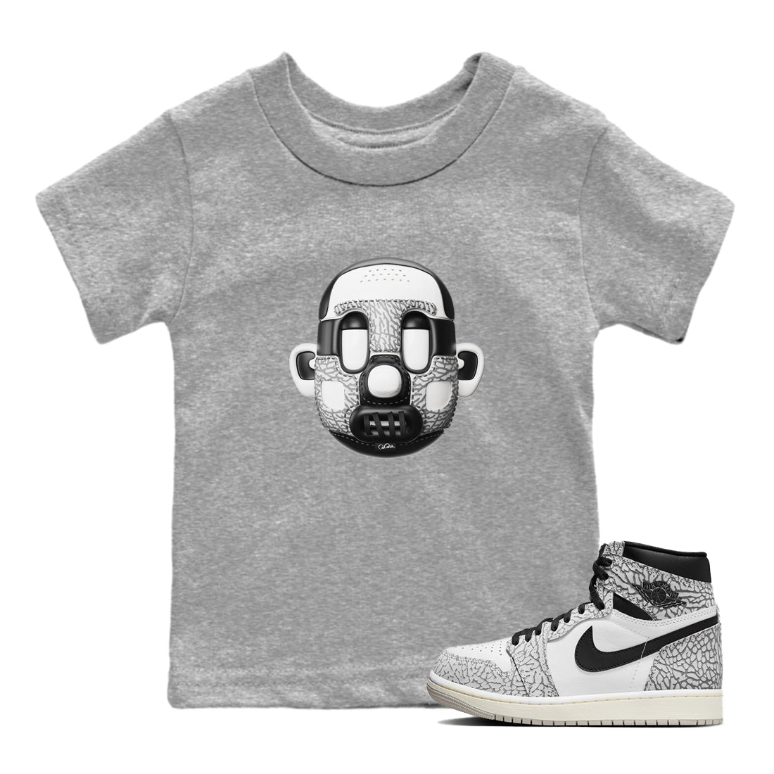 Air Jordan 1 White Cement Sneaker Match Tees Shoe Head Sneaker Tees AJ1 White Cement Drip Gear Zone Kids Shirts Heather Grey 1