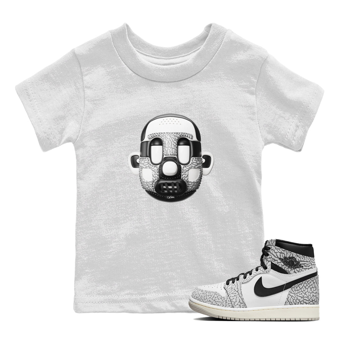 Air Jordan 1 White Cement Sneaker Match Tees Shoe Head Sneaker Tees AJ1 White Cement Drip Gear Zone Kids Shirts White 1