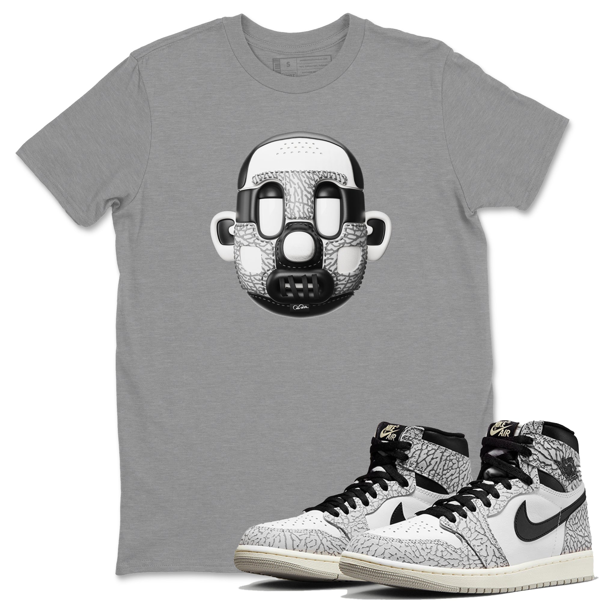 Air Jordan 1 White Cement Sneaker Match Tees Shoe Head Sneaker Tees AJ1 White Cement Drip Gear Zone Unisex Shirts Heather Grey 1