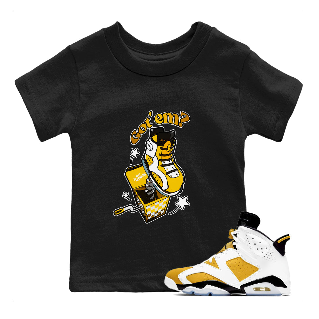 Air Jordan 6 Yellow Ochre shirt to match jordans Shoe In The Box sneaker tees streetwear brand AJ6 Yellow Ochre Drip Gear Zone Brand Baby Toddler Black 1 T-Shirt