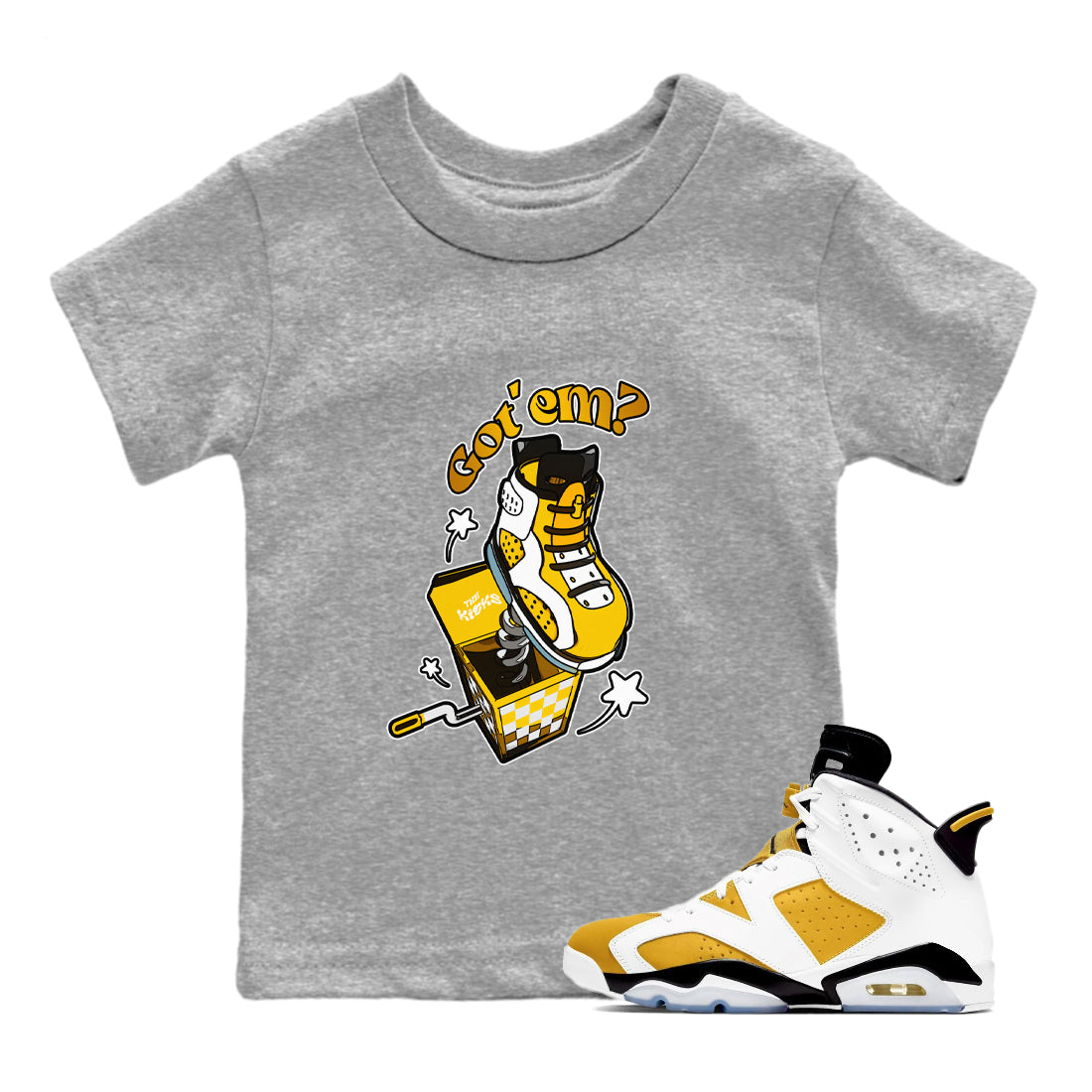 Air Jordan 6 Yellow Ochre shirt to match jordans Shoe In The Box sneaker tees streetwear brand AJ6 Yellow Ochre Drip Gear Zone Brand Baby Toddler Heather Grey 1 T-Shirt