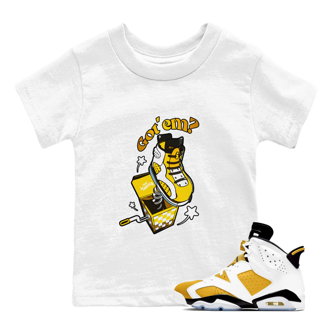 Air Jordan 6 Yellow Ochre shirt to match jordans Shoe In The Box sneaker tees streetwear brand AJ6 Yellow Ochre Drip Gear Zone Brand Baby Toddler White 1 T-Shirt