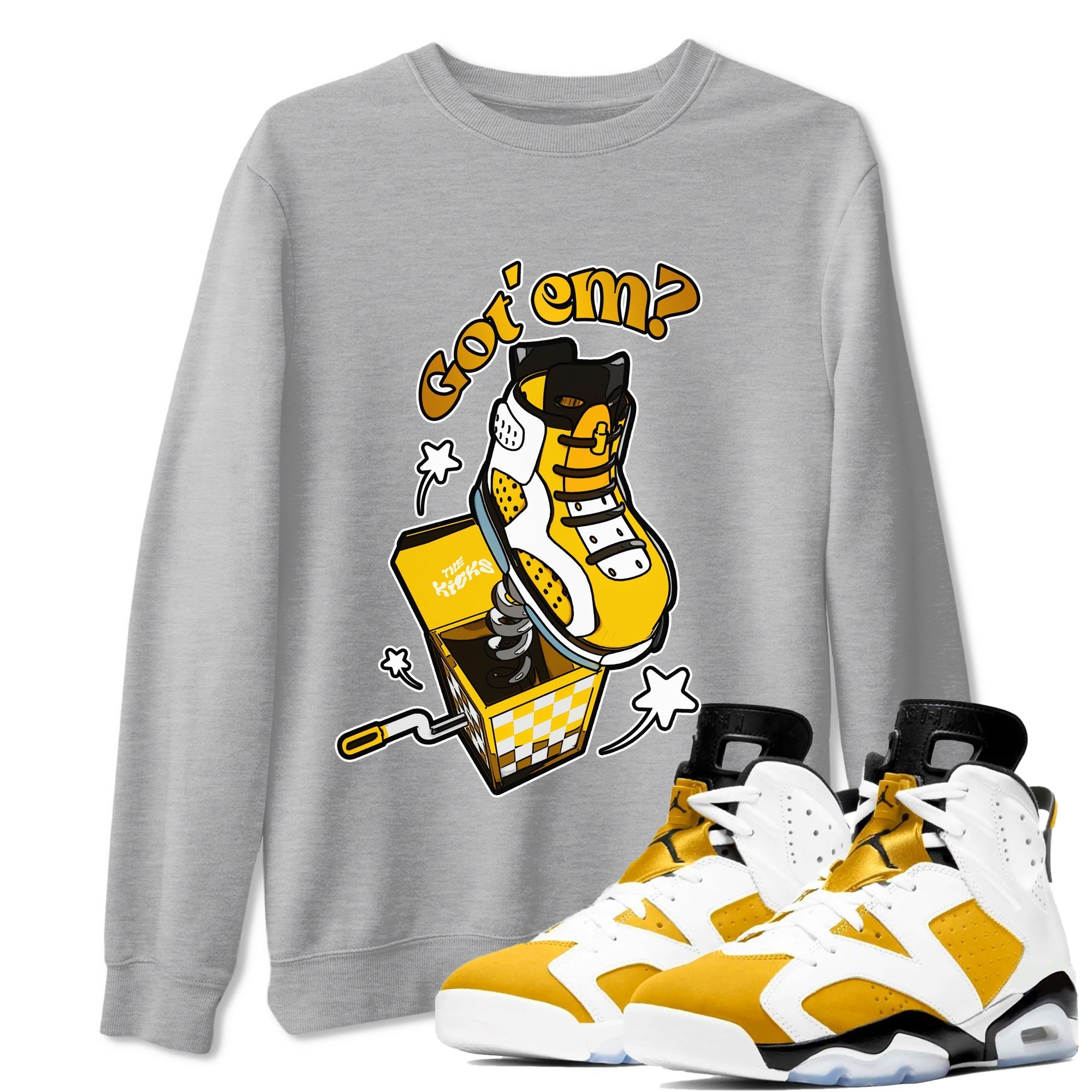 Air Jordan 6 Yellow Ochre shirt to match jordans Shoe In The Box sneaker tees streetwear brand AJ6 Yellow Ochre Drip Gear Zone Brand Unisex Heather Grey 1 T-Shirt