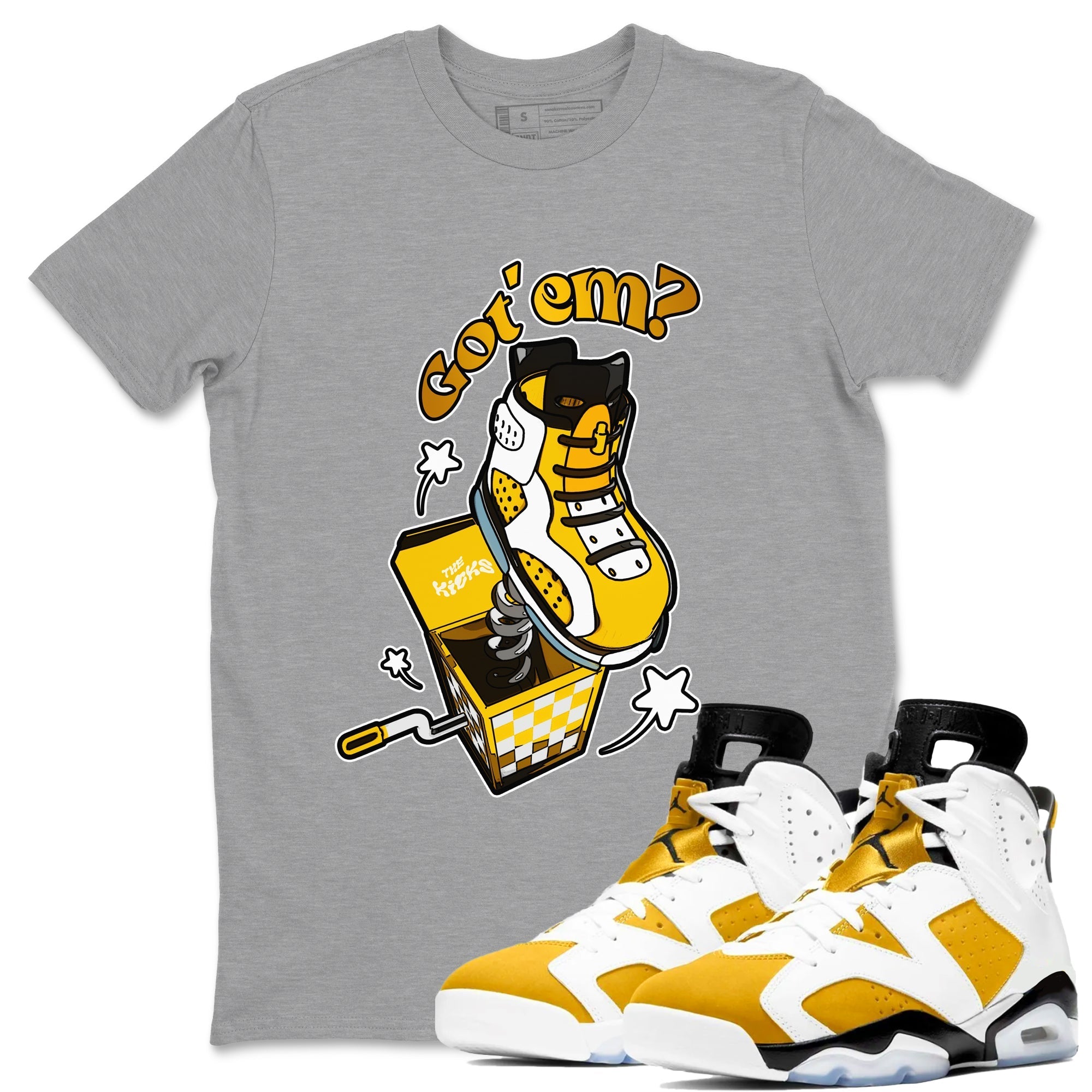 Air Jordan 6 Yellow Ochre shirt to match jordans Shoe In The Box sneaker tees streetwear brand AJ6 Yellow Ochre Drip Gear Zone Brand Unisex Heather Grey 1 T-Shirt