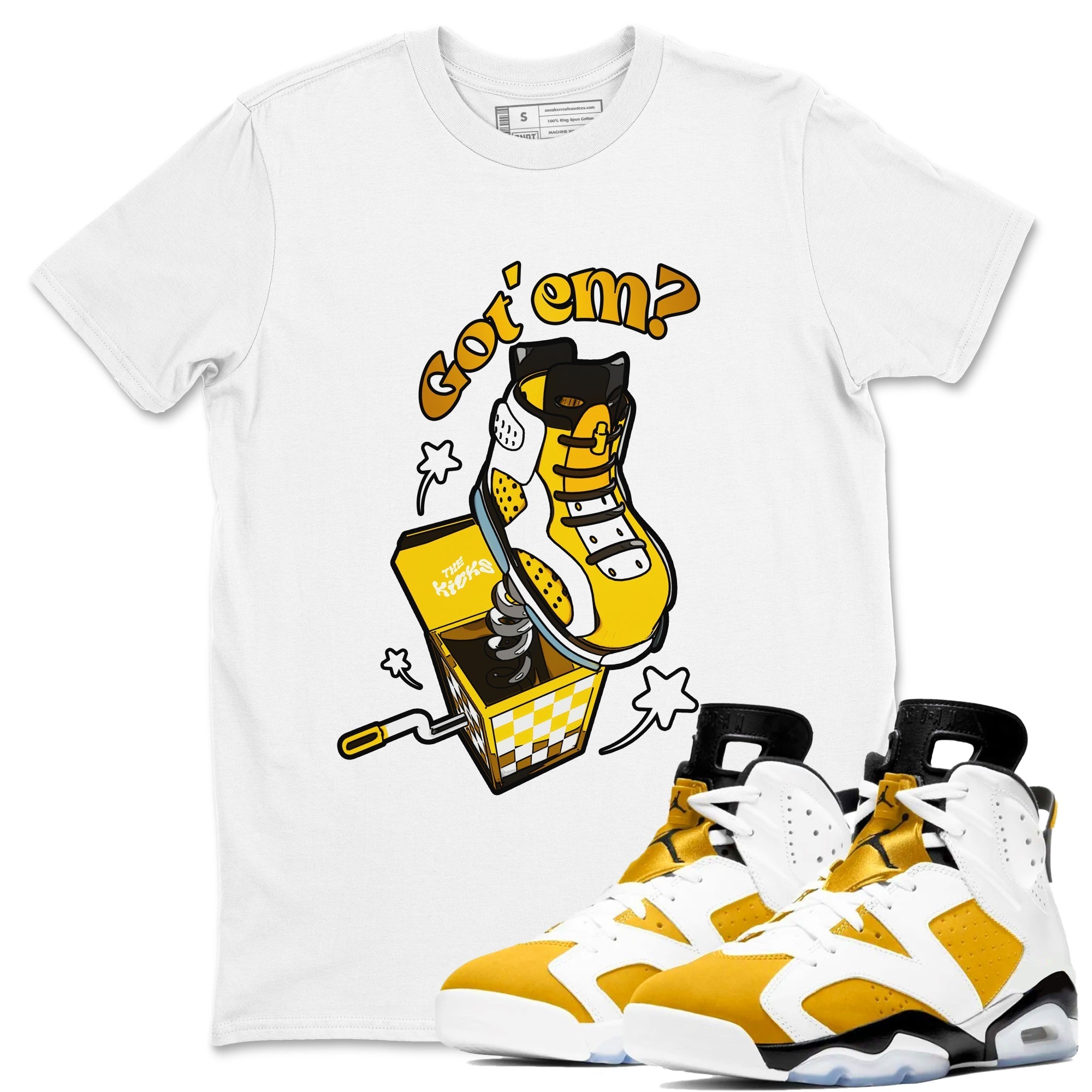 Air Jordan 6 Yellow Ochre shirt to match jordans Shoe In The Box sneaker tees streetwear brand AJ6 Yellow Ochre Drip Gear Zone Brand Unisex White 1 T-Shirt