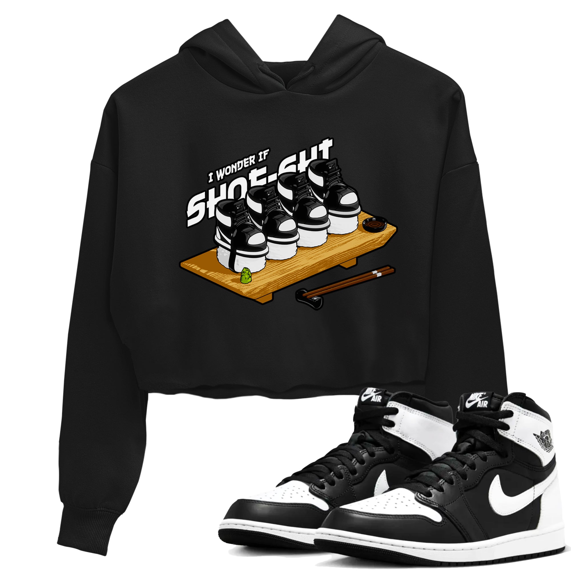 1s Black White shirt to match jordans Shoe-Shi sneaker tees Air Jordan 1 High OG Black White Drip Gear Zone Black 1 crop length shirt