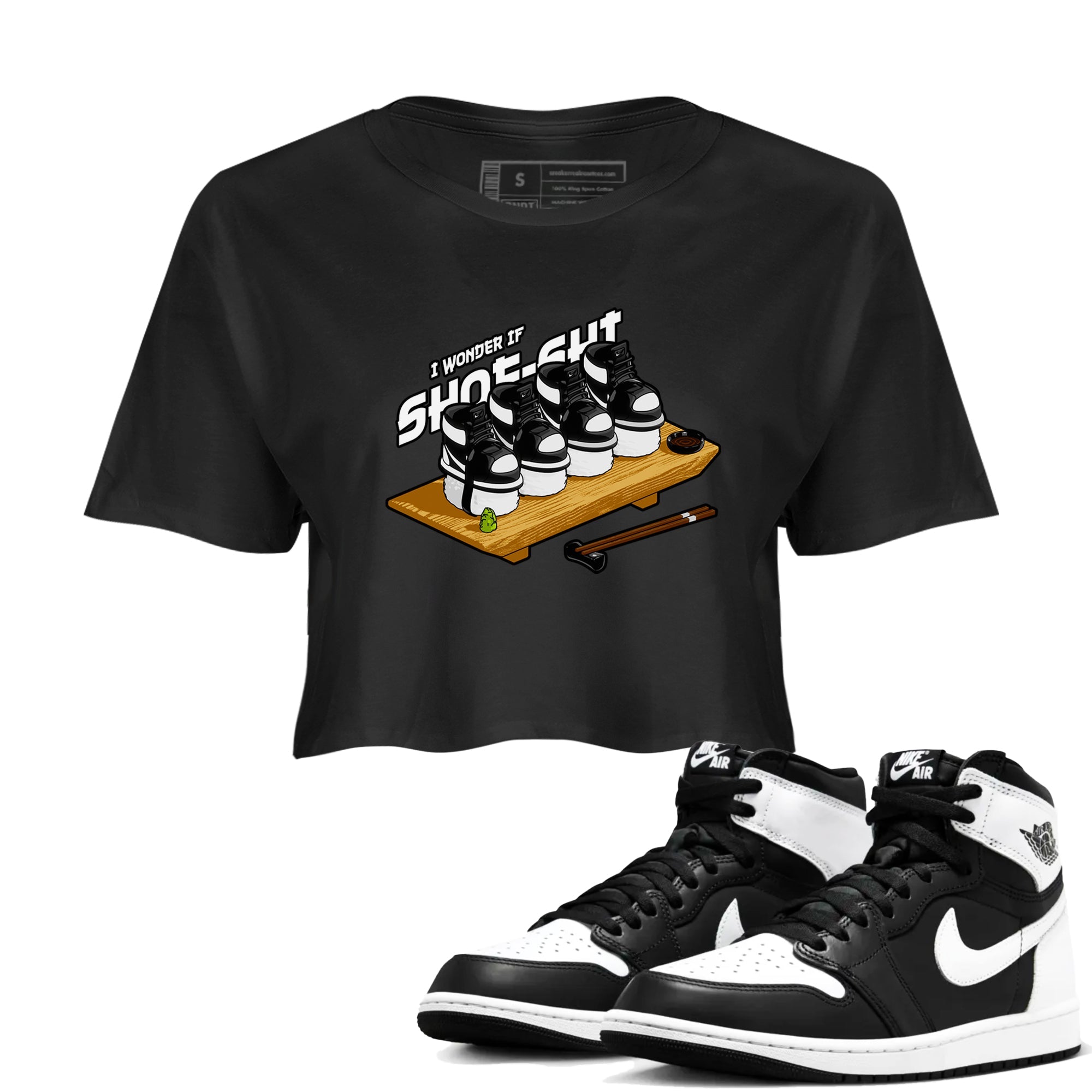 1s Black White shirt to match jordans Shoe-Shi sneaker tees Air Jordan 1 High OG Black White Drip Gear Zone Black 1 crop length shirt