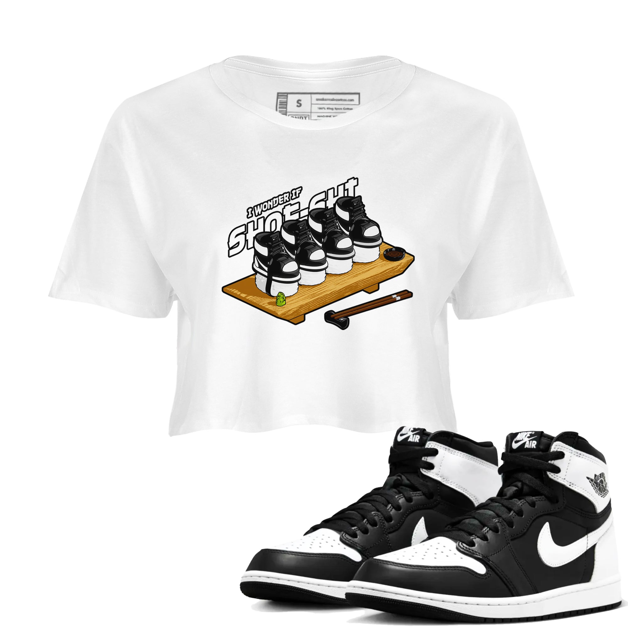 1s Black White shirt to match jordans Shoe-Shi sneaker tees Air Jordan 1 High OG Black White Drip Gear Zone White 1 crop length shirt