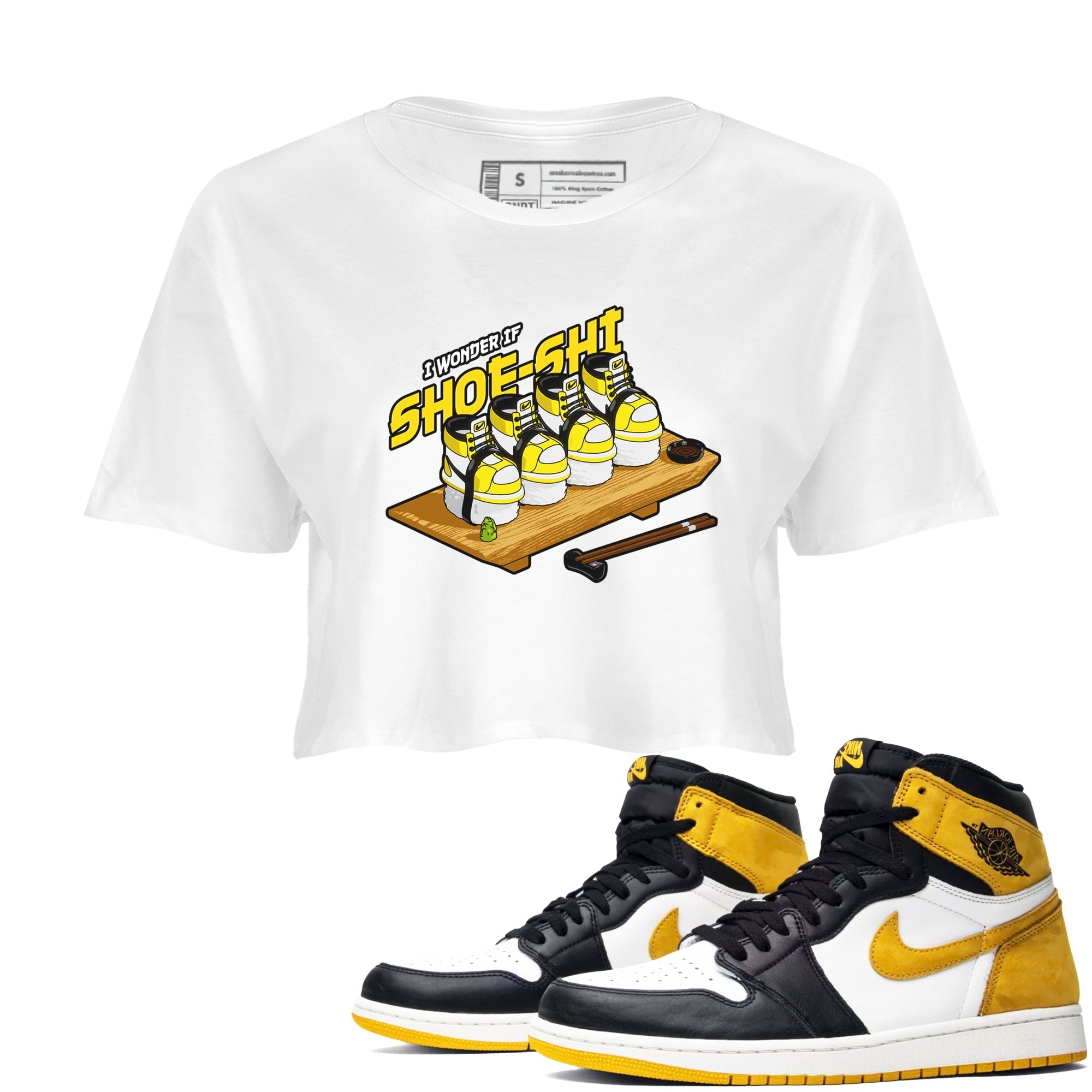 1s Yellow Ochre shirt to match jordans Shoe-Shi sneaker tees streetwear brand Air Jordan 1 Yellow Ochre Drip Gear Zone Brand White 1 crop length shirt