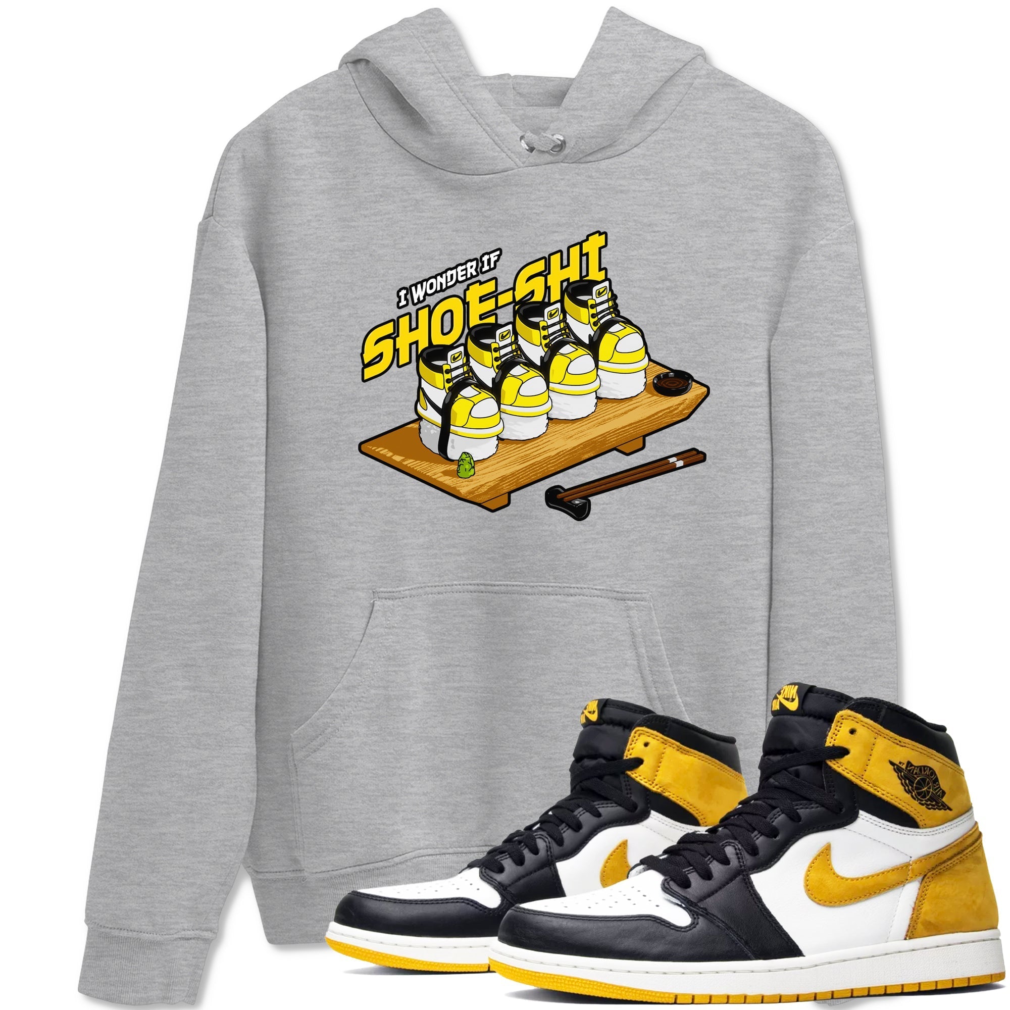 1s Yellow Ochre shirt to match jordans Shoe-Shi sneaker tees streetwear brand Air Jordan 1 Yellow Ochre Drip Gear Zone Brand unisex cotton Heather Grey 1 crew neck shirt